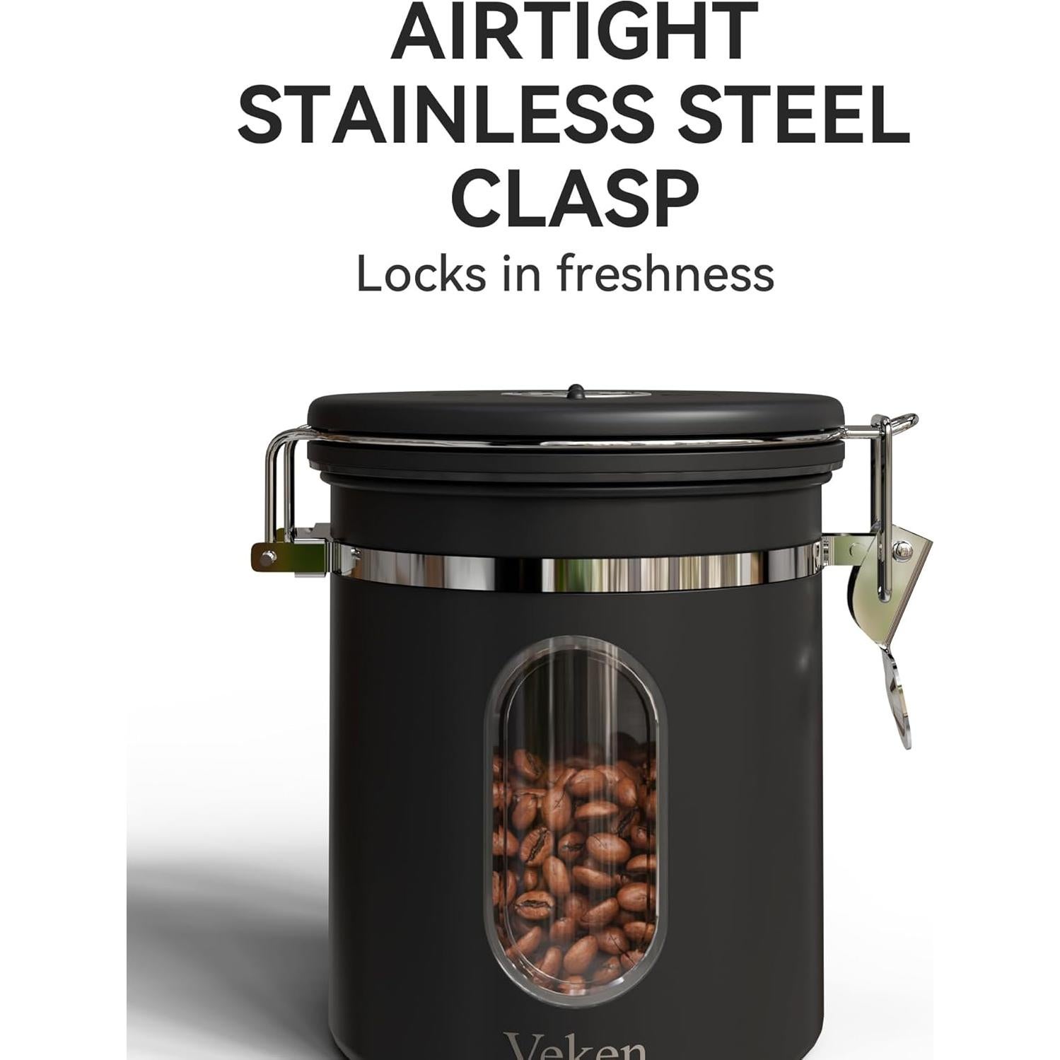 Contenedor de Café Veken 0.45 kg Acero Inoxidable Hermético Negro