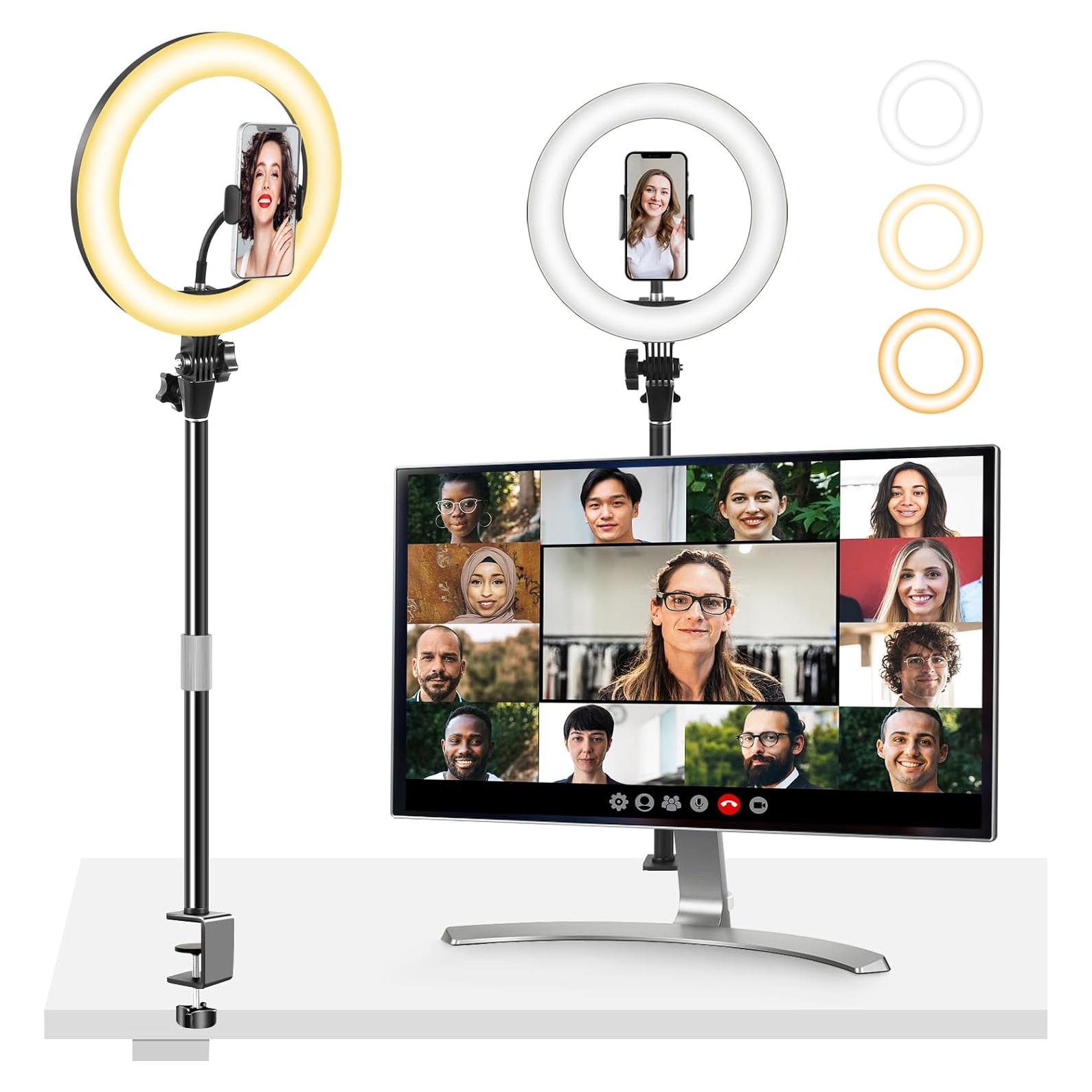 Ring Light for Computer Video Conferencing Recording/Zoom Meeting-10'' Desk Ring Light with Mount Stand,Stream Lights with 14.2-24 in Adjustable Clamp Stand & Phone Holder for Webcam/Camera