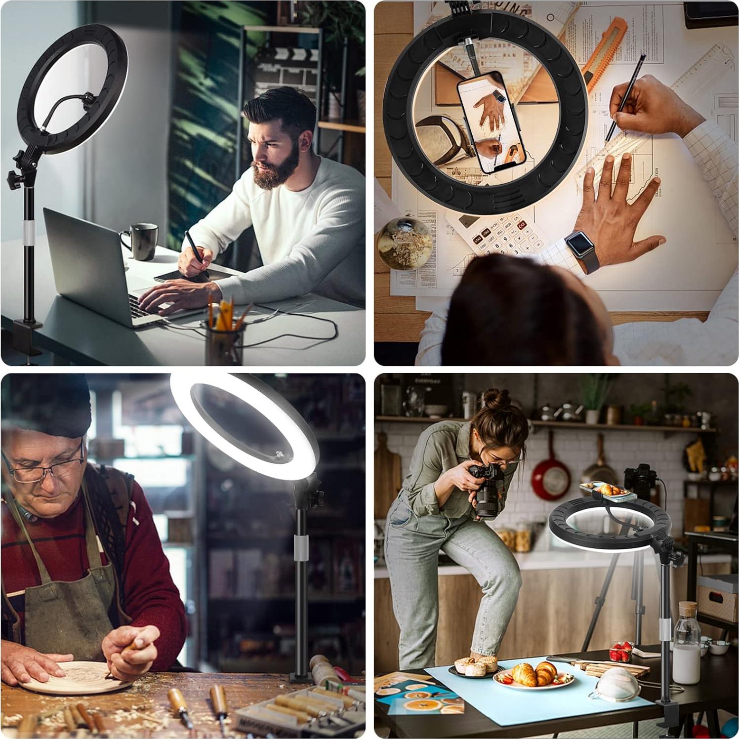 Ring Light for Computer Video Conferencing Recording/Zoom Meeting-10'' Desk Ring Light with Mount Stand,Stream Lights with 14.2-24 in Adjustable Clamp Stand & Phone Holder for Webcam/Camera