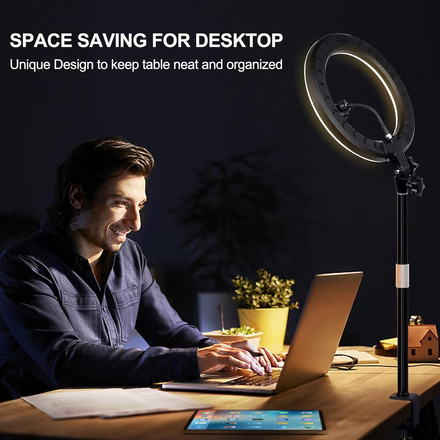 Ring Light for Computer Video Conferencing Recording/Zoom Meeting-10'' Desk Ring Light with Mount Stand,Stream Lights with 14.2-24 in Adjustable Clamp Stand & Phone Holder for Webcam/Camera