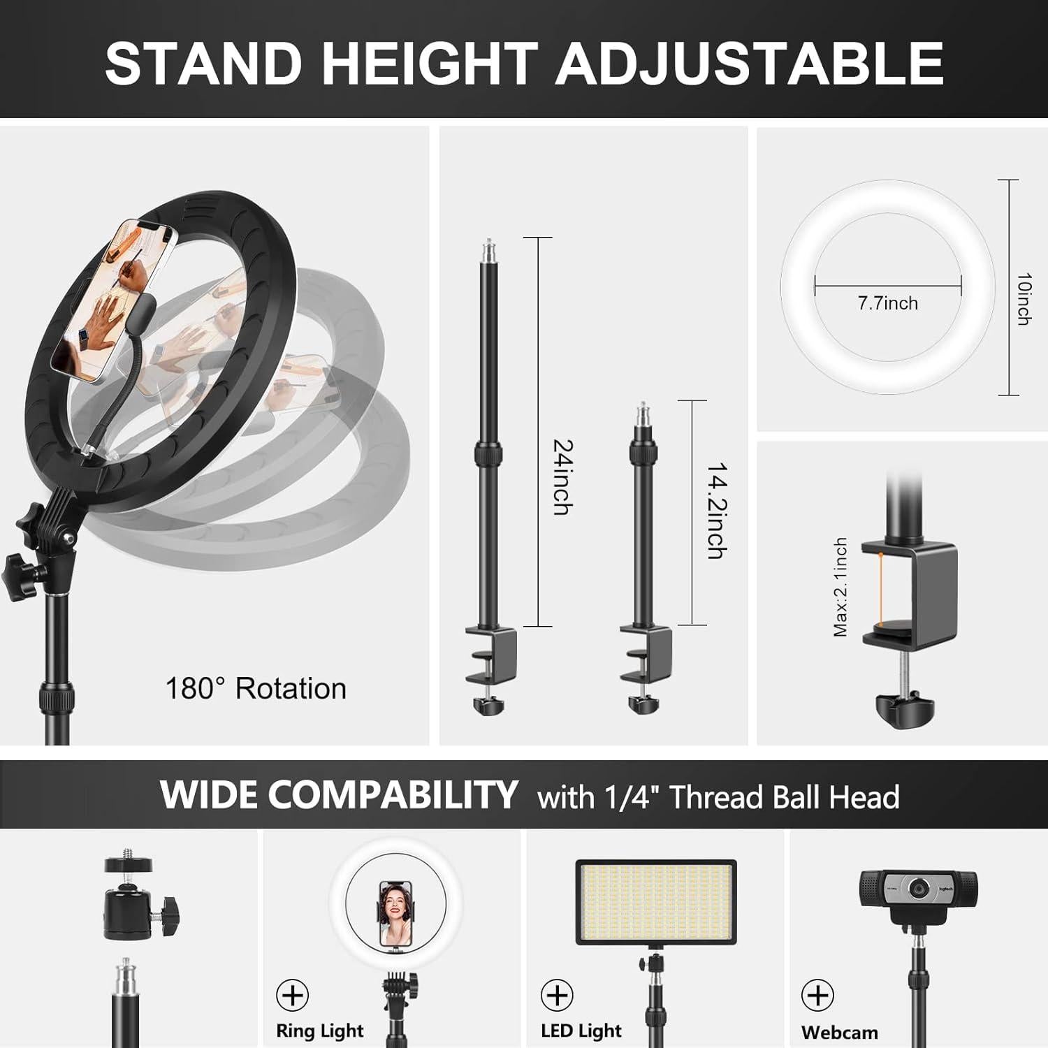 Ring Light for Computer Video Conferencing Recording/Zoom Meeting-10'' Desk Ring Light with Mount Stand,Stream Lights with 14.2-24 in Adjustable Clamp Stand & Phone Holder for Webcam/Camera