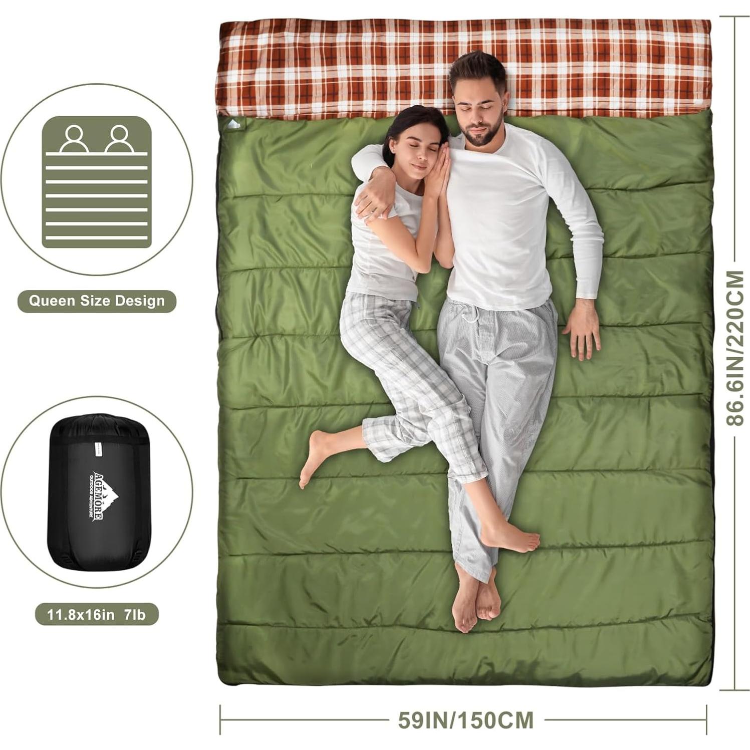 Saco de dormir doble AGEMORE algodón franela 220x150 cm