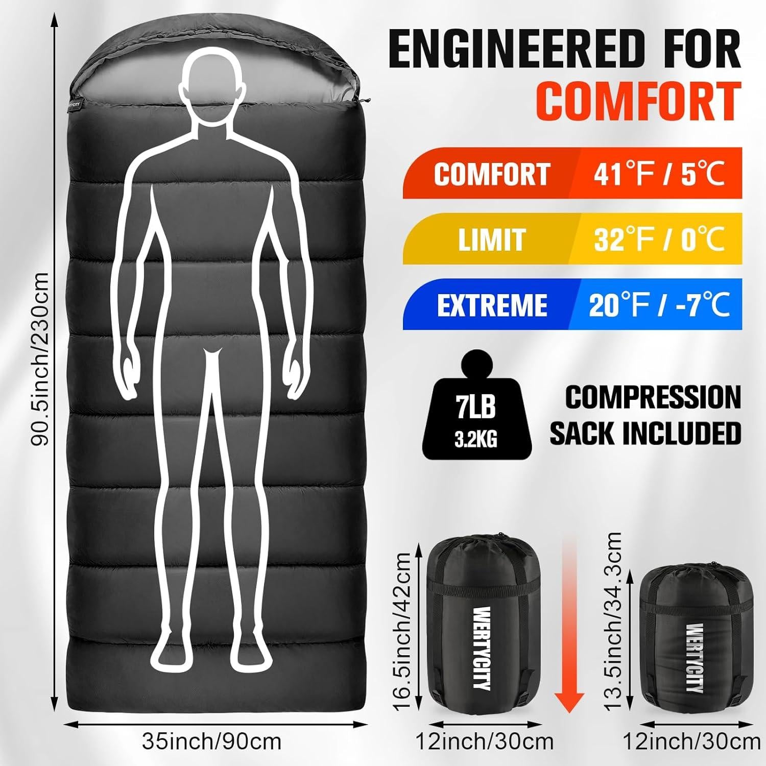 Saco de dormir WERTYCITY XL para clima frío y cálido 1 persona