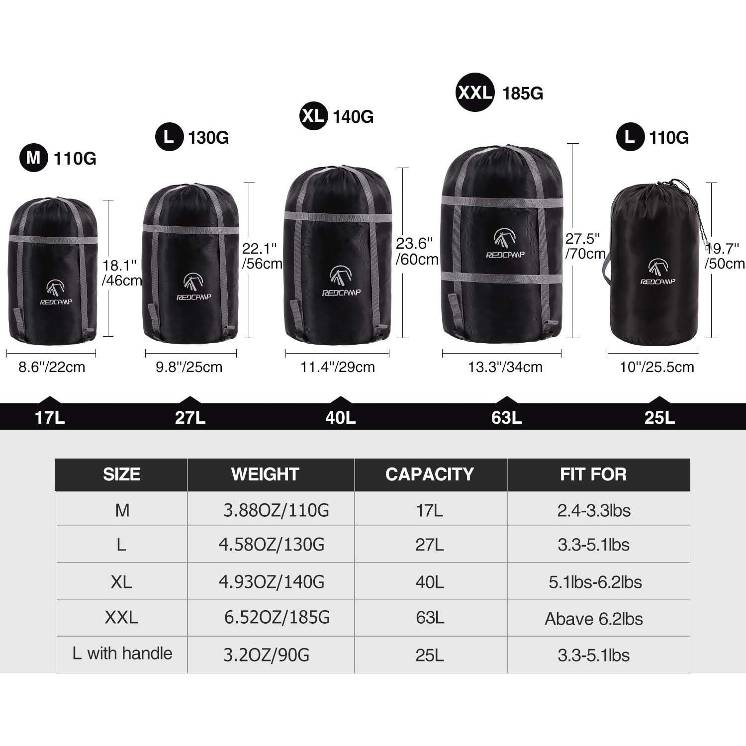 Saco de Dormir REDCAMP Negro M 17L para Camping y Mochileo