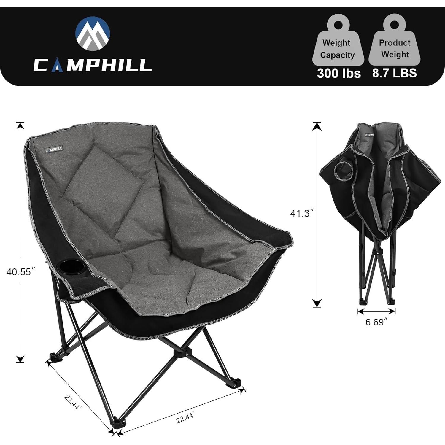 Folding Camping Chair,Oversized Portable Camping Chair with Cup Holder,Heavy Duty Padded Lawn Chair for Camping, Tailgates, Beach, and Sports