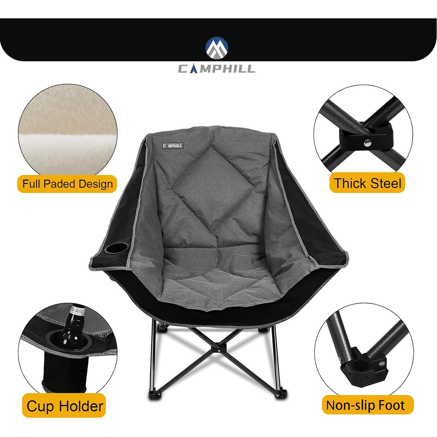 Folding Camping Chair,Oversized Portable Camping Chair with Cup Holder,Heavy Duty Padded Lawn Chair for Camping, Tailgates, Beach, and Sports