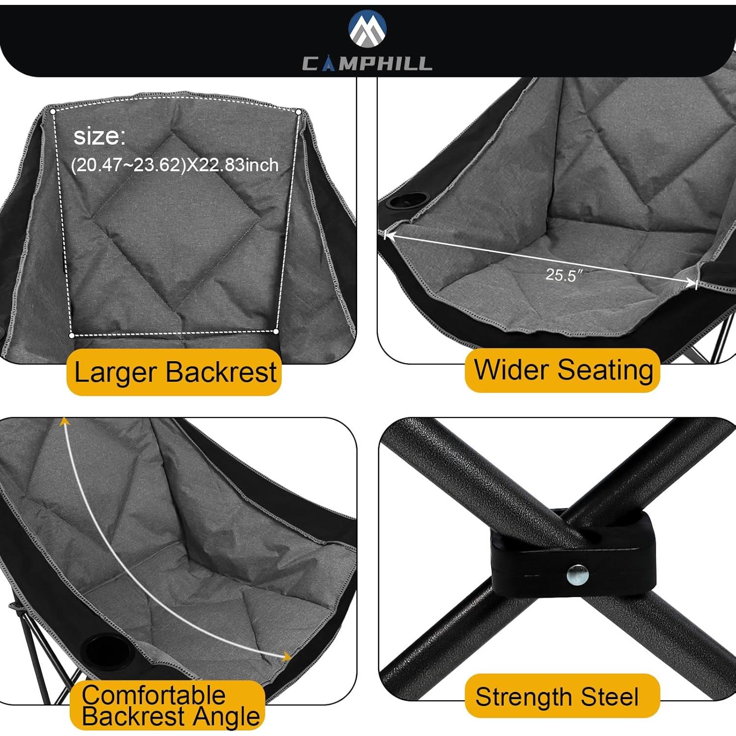 Folding Camping Chair,Oversized Portable Camping Chair with Cup Holder,Heavy Duty Padded Lawn Chair for Camping, Tailgates, Beach, and Sports