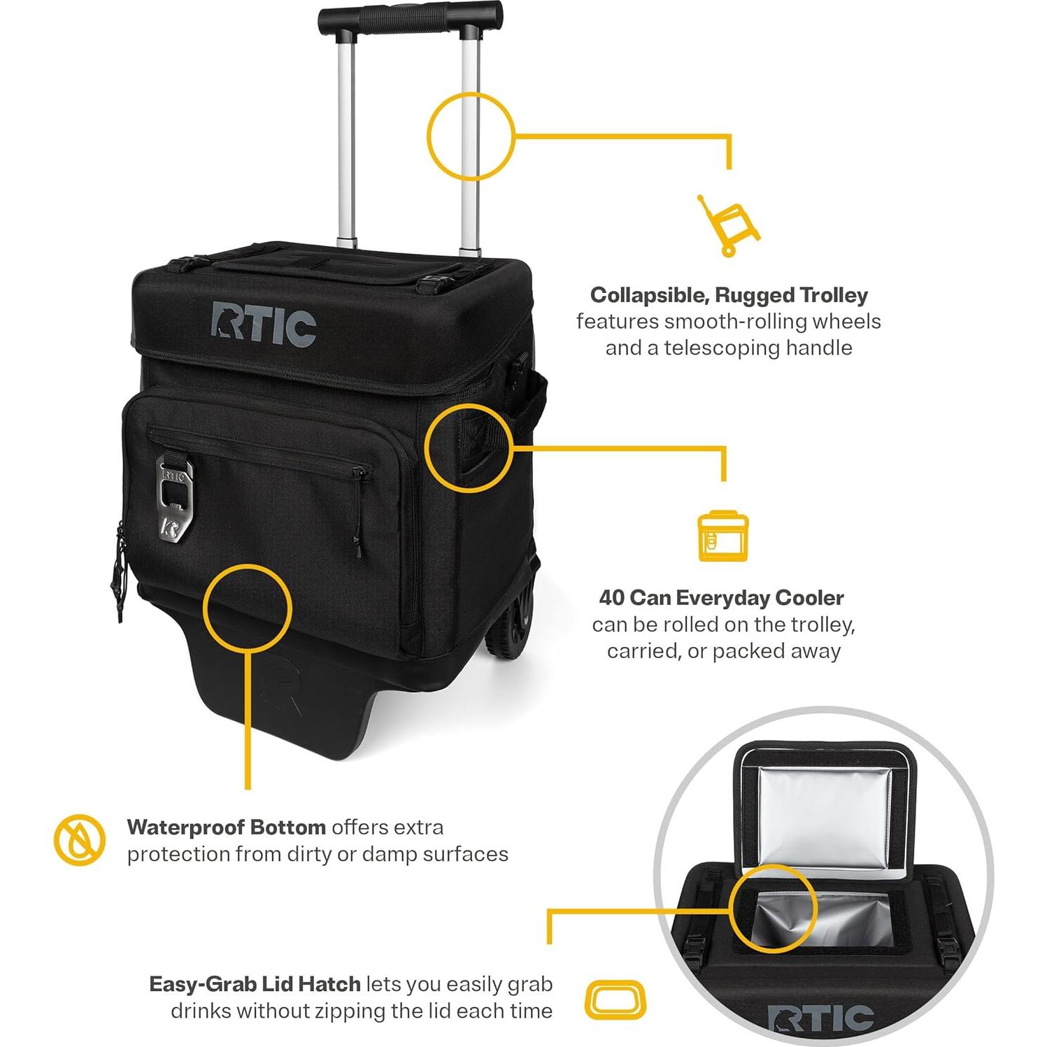 Enfriador RTIC 40 Latas con Ruedas y Mango Plegable Negro