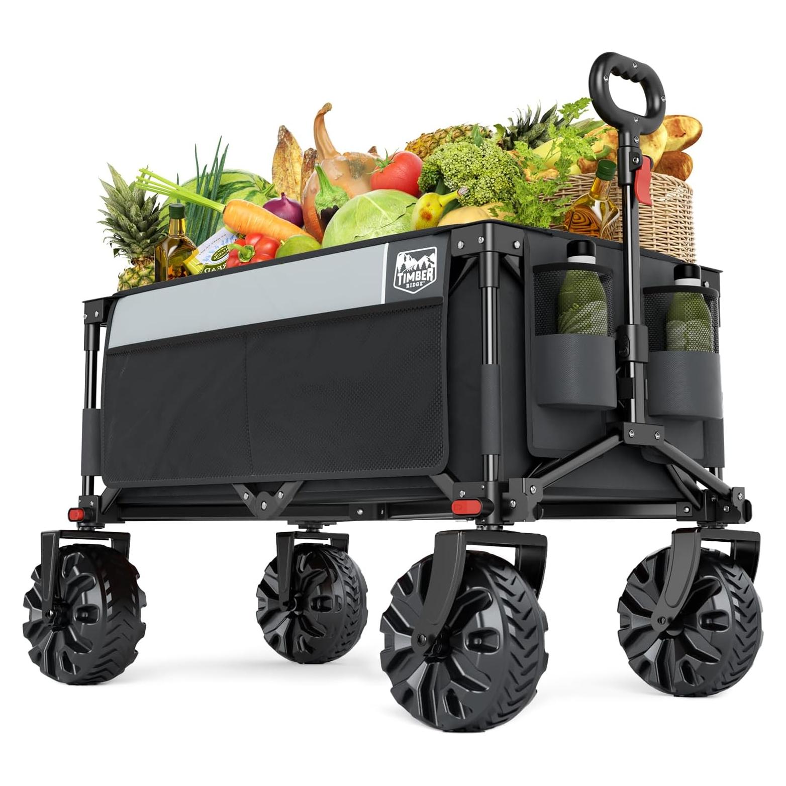 TIMBER RIDGE Outdoor Collapsible Wagon Utility Folding Cart Heavy Duty All Terrain Wheels for Shopping Camping Garden with Side Bag and Cup Holders, Grey