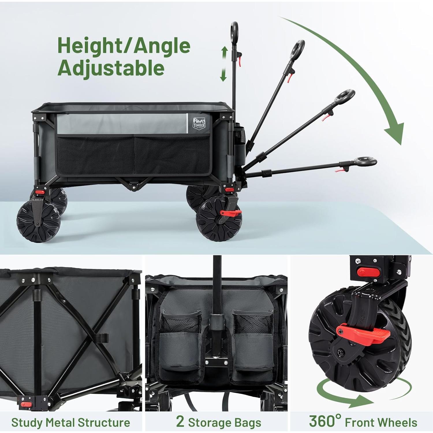 TIMBER RIDGE Outdoor Collapsible Wagon Utility Folding Cart Heavy Duty All Terrain Wheels for Shopping Camping Garden with Side Bag and Cup Holders, Grey