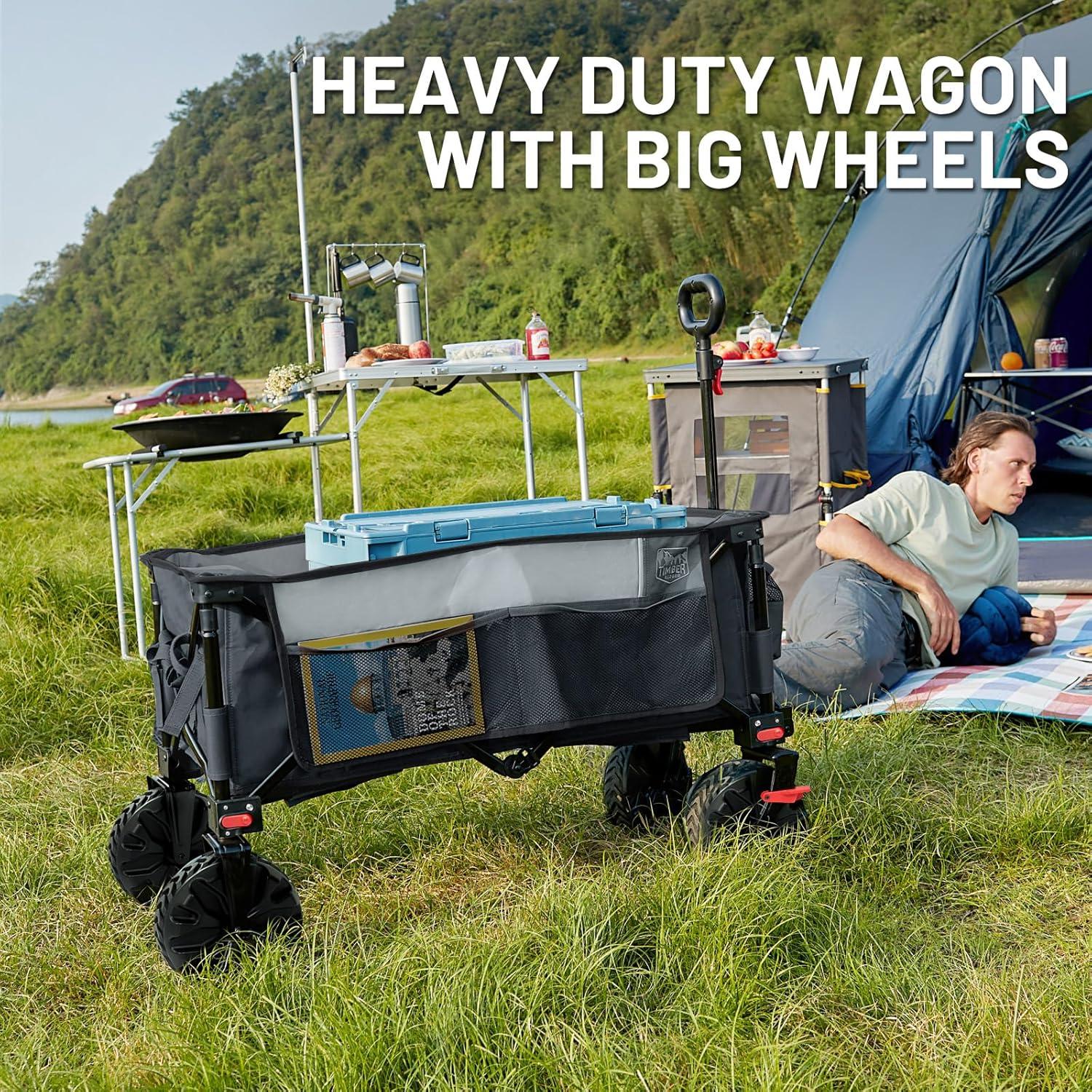 TIMBER RIDGE Outdoor Collapsible Wagon Utility Folding Cart Heavy Duty All Terrain Wheels for Shopping Camping Garden with Side Bag and Cup Holders, Grey