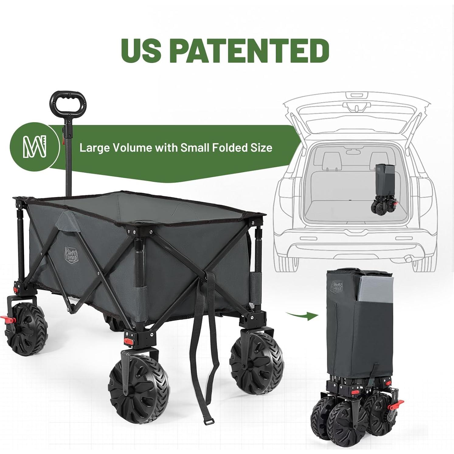 TIMBER RIDGE Outdoor Collapsible Wagon Utility Folding Cart Heavy Duty All Terrain Wheels for Shopping Camping Garden with Side Bag and Cup Holders, Grey