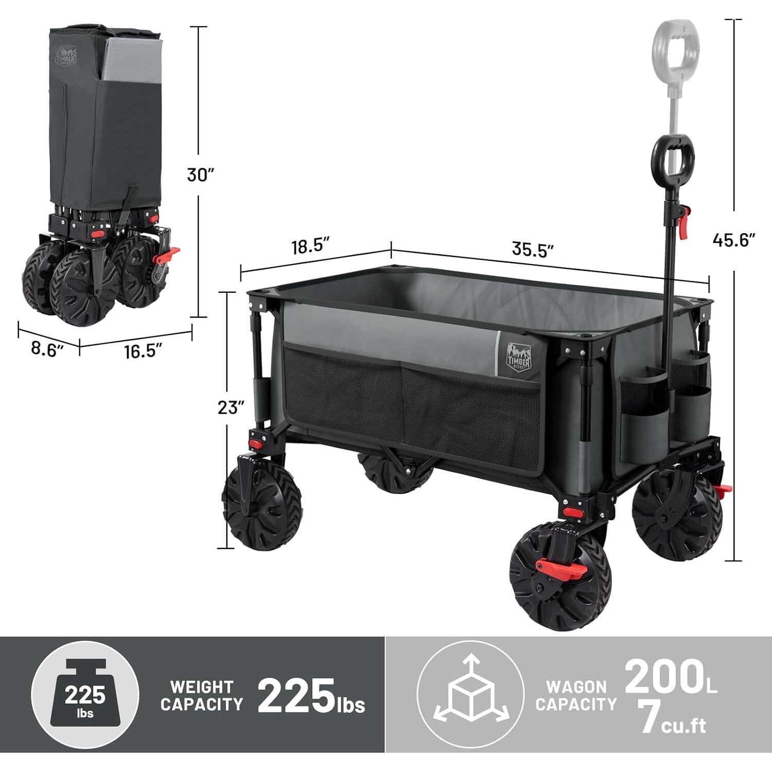 TIMBER RIDGE Outdoor Collapsible Wagon Utility Folding Cart Heavy Duty All Terrain Wheels for Shopping Camping Garden with Side Bag and Cup Holders, Grey