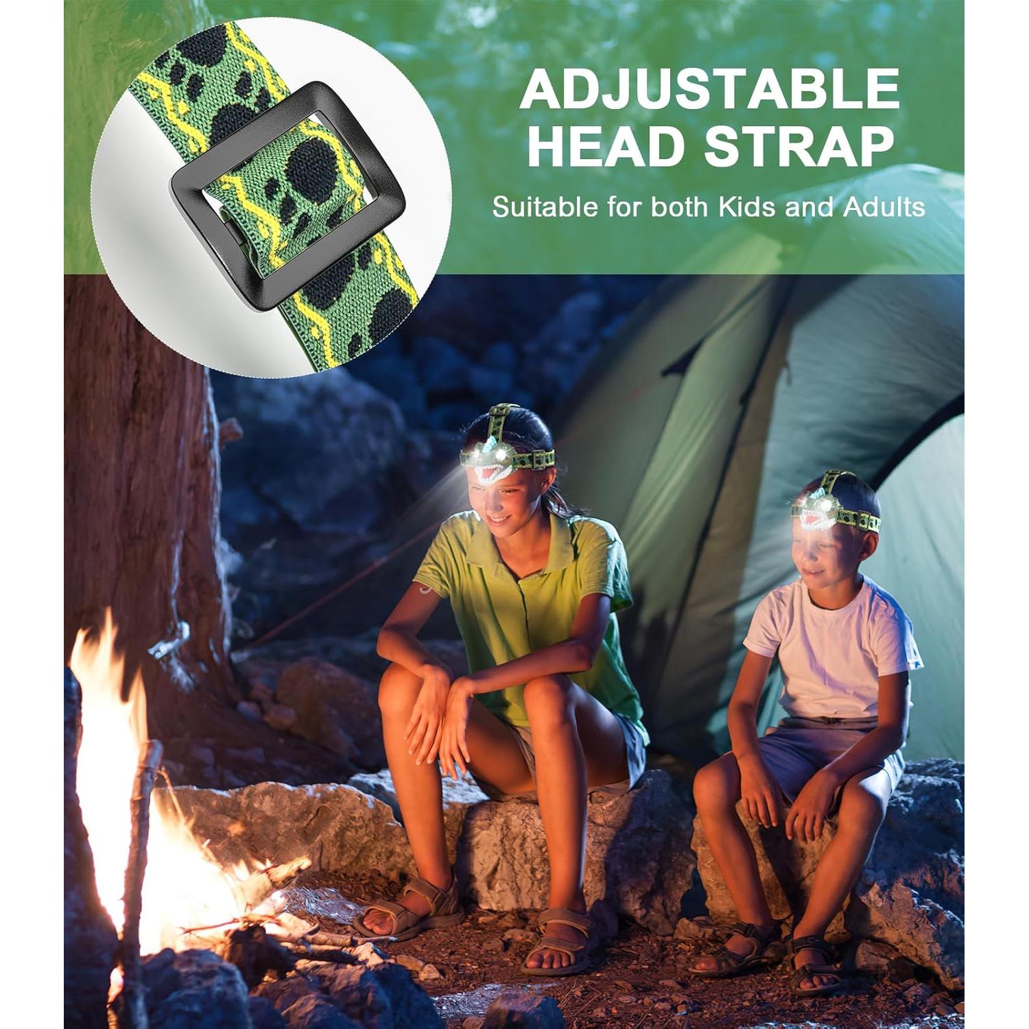 Kids Headlamp - LED Dinosaur Headlamp with Adjustable Headband for Boys and Girls, 3 Lighting Modes - Perfect for Camping, Hiking, and Reading - Ages 3-12+