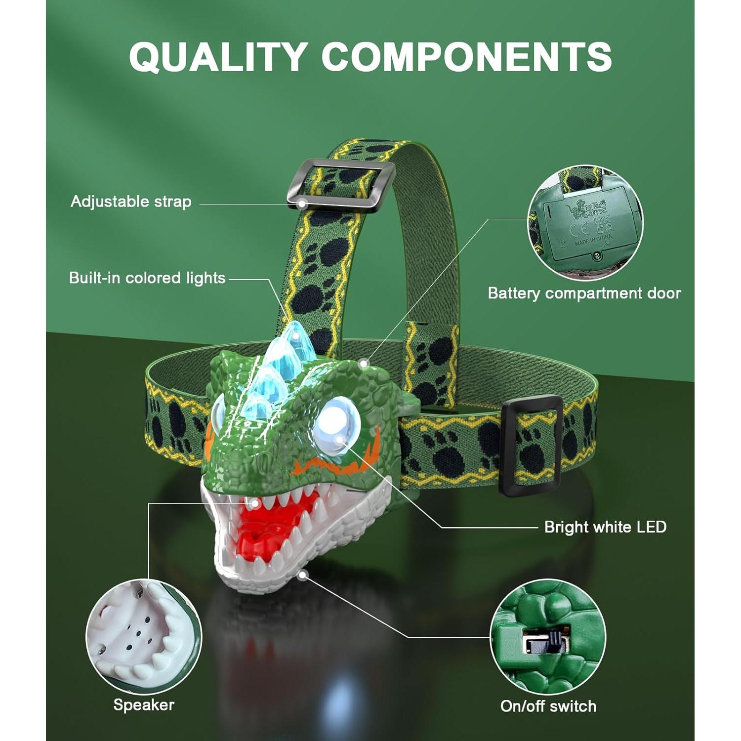 Kids Headlamp - LED Dinosaur Headlamp with Adjustable Headband for Boys and Girls, 3 Lighting Modes - Perfect for Camping, Hiking, and Reading - Ages 3-12+