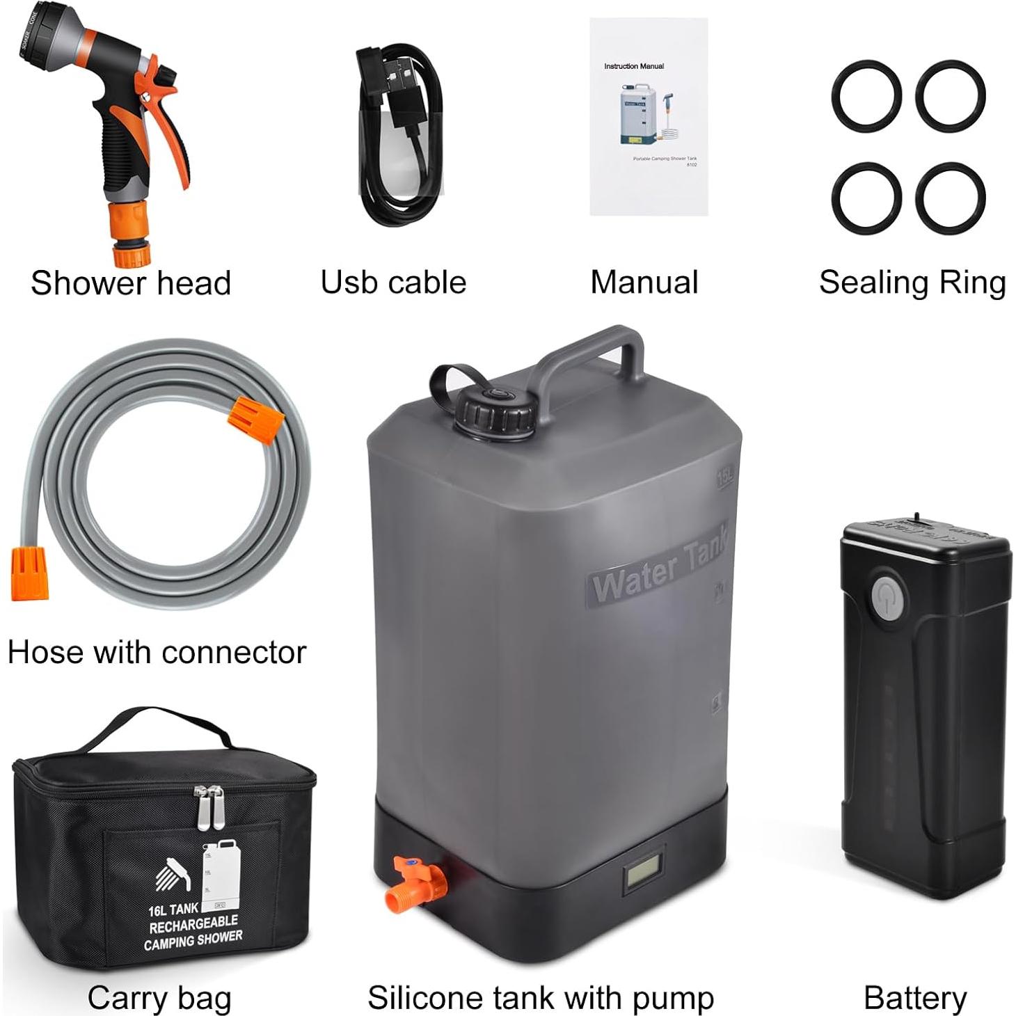 Ducha portátil AZXJC 16L con calefacción solar y 8 modos