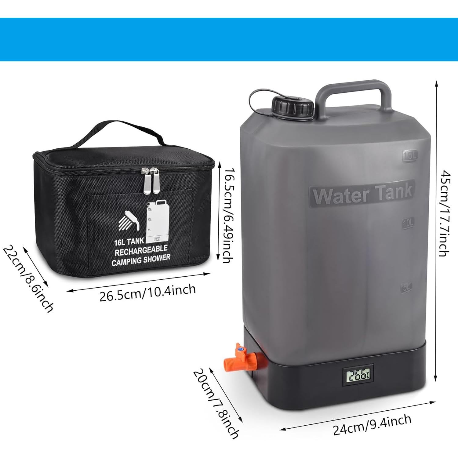 Ducha portátil AZXJC 16L con calefacción solar y 8 modos