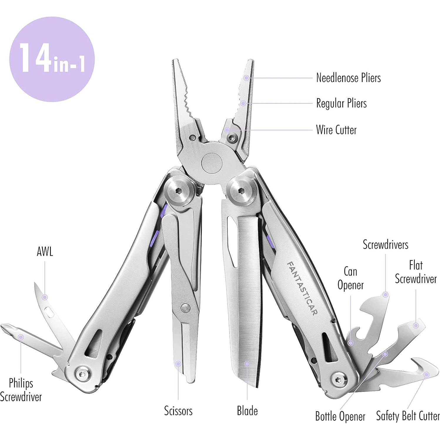 Multiherramienta FantastiCAR 14 en 1 Púrpura - Alicates, Cuchillo y Más