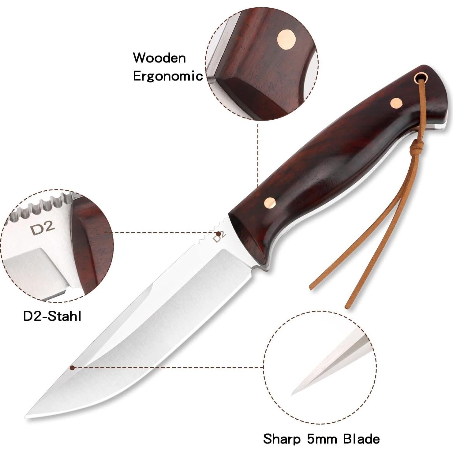 Cuchillo de Caza Fijo Benkey D2 con Funda de Cuero 23.5 cm