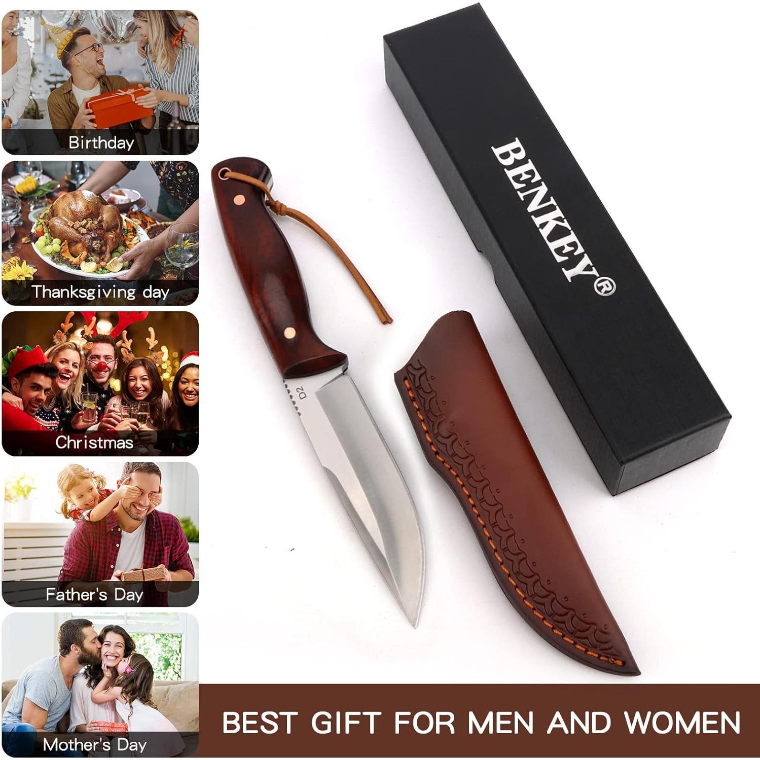 Cuchillo de Caza Fijo Benkey D2 con Funda de Cuero 23.5 cm