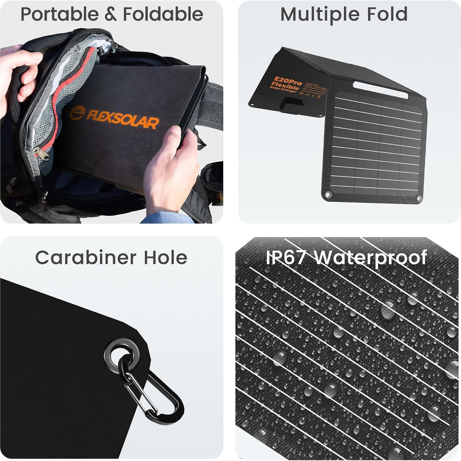 [Upgraded] 20W Portable Solar Panel, High Efficiency ETFE Foldable Small Solar Panels with 5V USB A/USB C Ports, IP67 Waterproof Power Emergency Solar Charger for Phone Power Bank Camping Backpacking