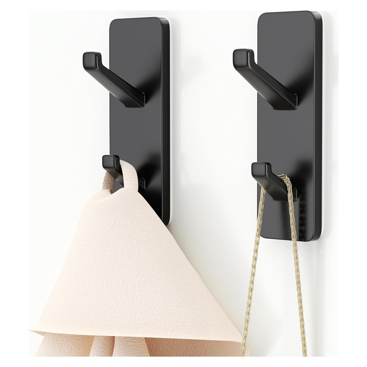 Self Adhesive Stick-On Hooks Hold 13 LB, Black Metal Coat & Towel Hooks for Bathrooms & Kitchens - 2 Pack