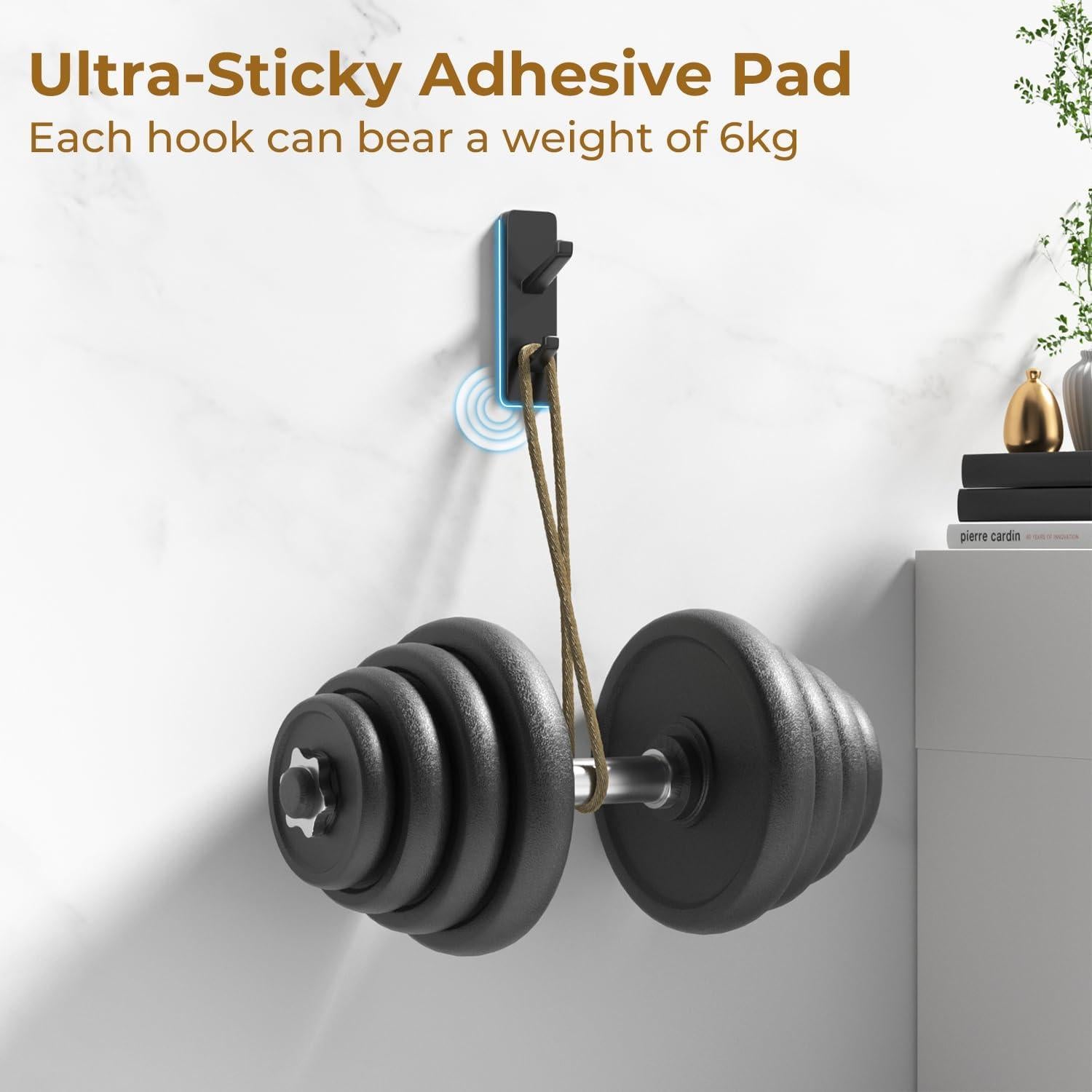 Self Adhesive Stick-On Hooks Hold 13 LB, Black Metal Coat & Towel Hooks for Bathrooms & Kitchens - 2 Pack