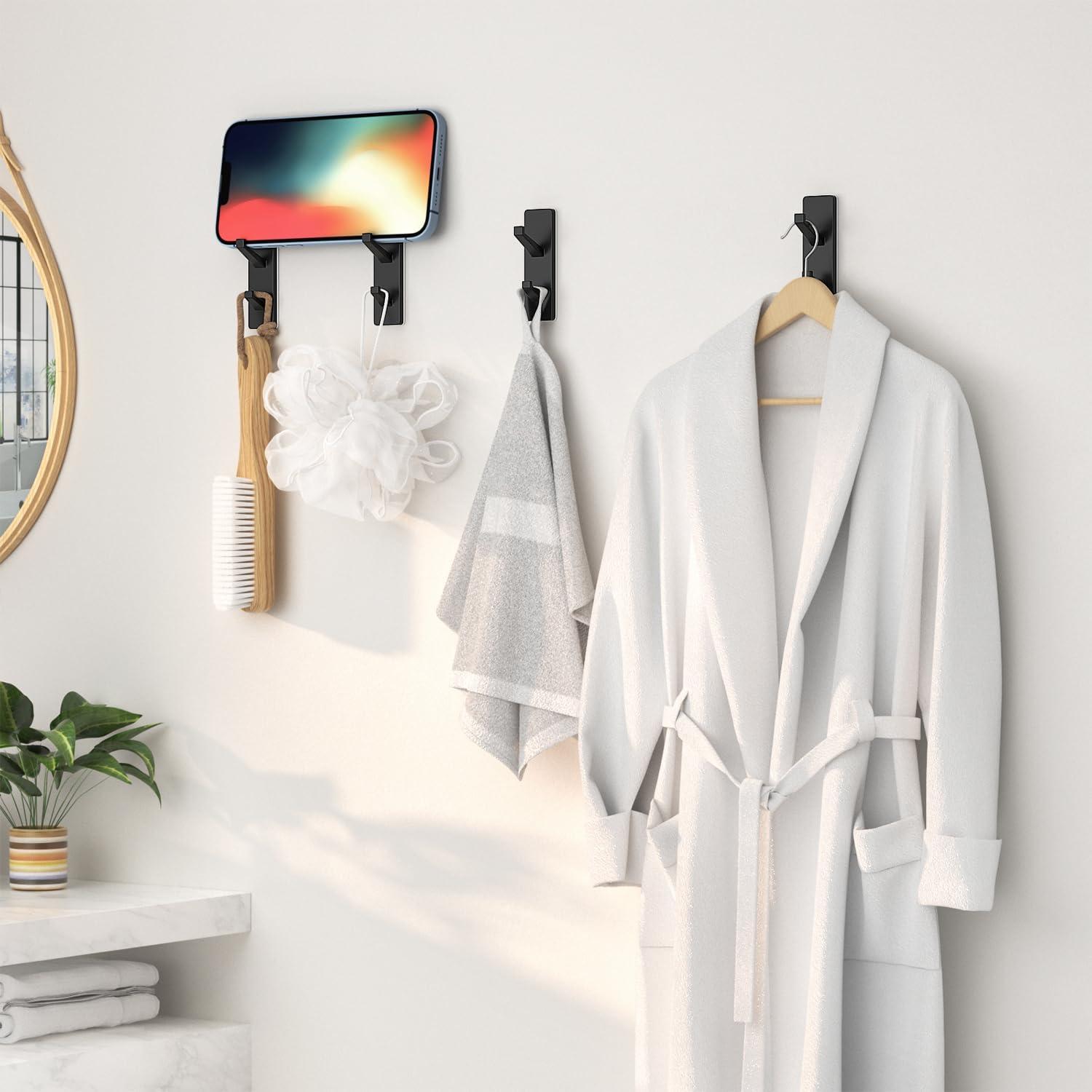 Self Adhesive Stick-On Hooks Hold 13 LB, Black Metal Coat & Towel Hooks for Bathrooms & Kitchens - 2 Pack