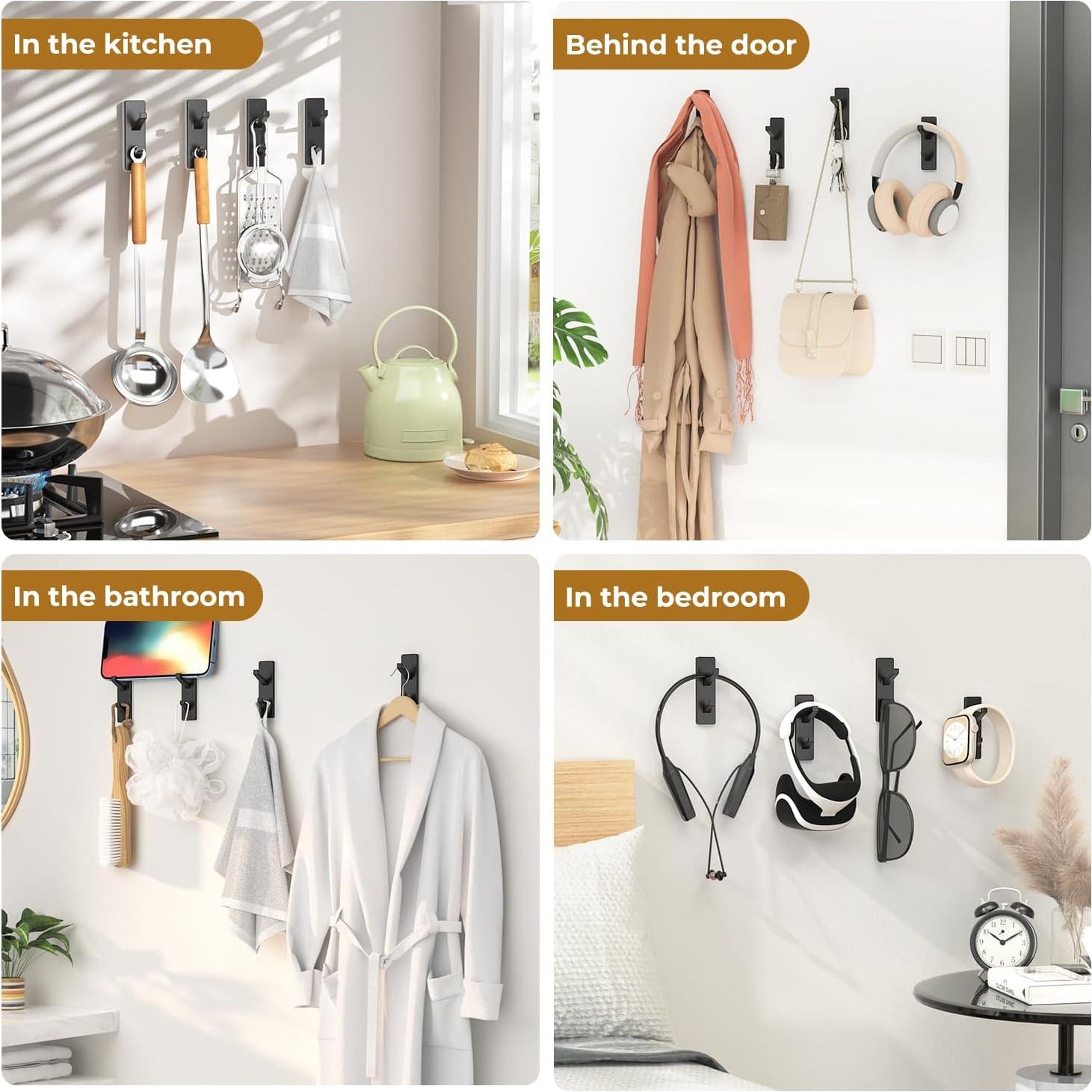 Self Adhesive Stick-On Hooks Hold 13 LB, Black Metal Coat & Towel Hooks for Bathrooms & Kitchens - 2 Pack