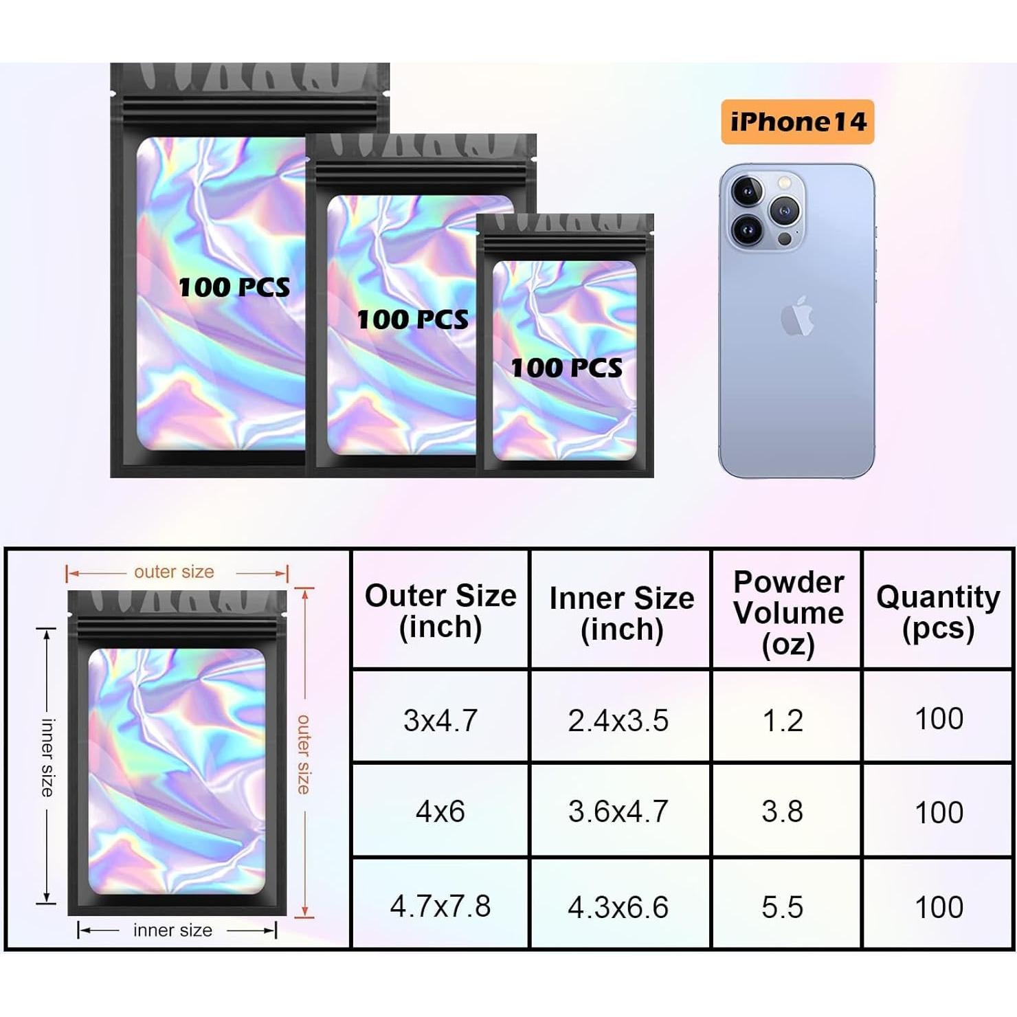 300 Bolsas Holográficas Mylar Arsmat Reutilizables 3 Tamaños