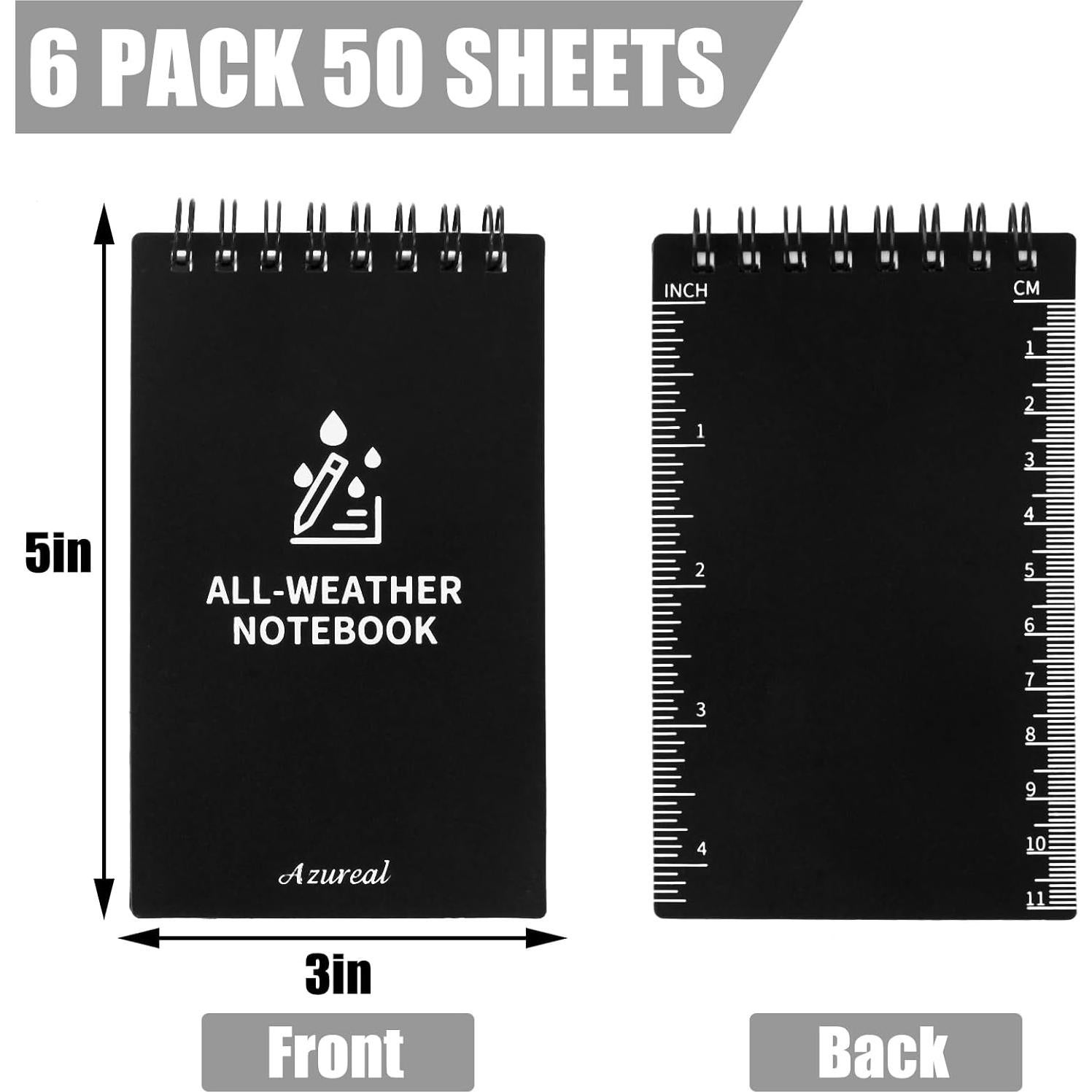 AZUREAL 6 Pack Waterproof Notepad, 3x5 Inch Waterproof Notebook Black with 50 Sheets, Pocket Notebook for Work, Outdoor, Memo, Home, Office, School