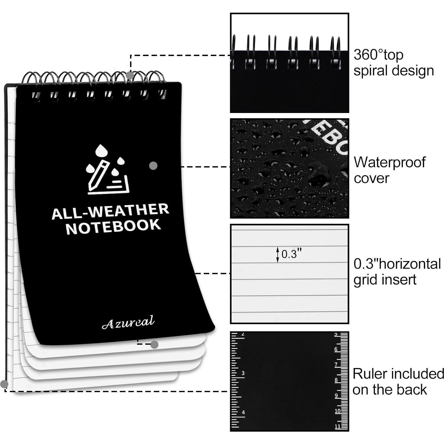 AZUREAL 6 Pack Waterproof Notepad, 3x5 Inch Waterproof Notebook Black with 50 Sheets, Pocket Notebook for Work, Outdoor, Memo, Home, Office, School