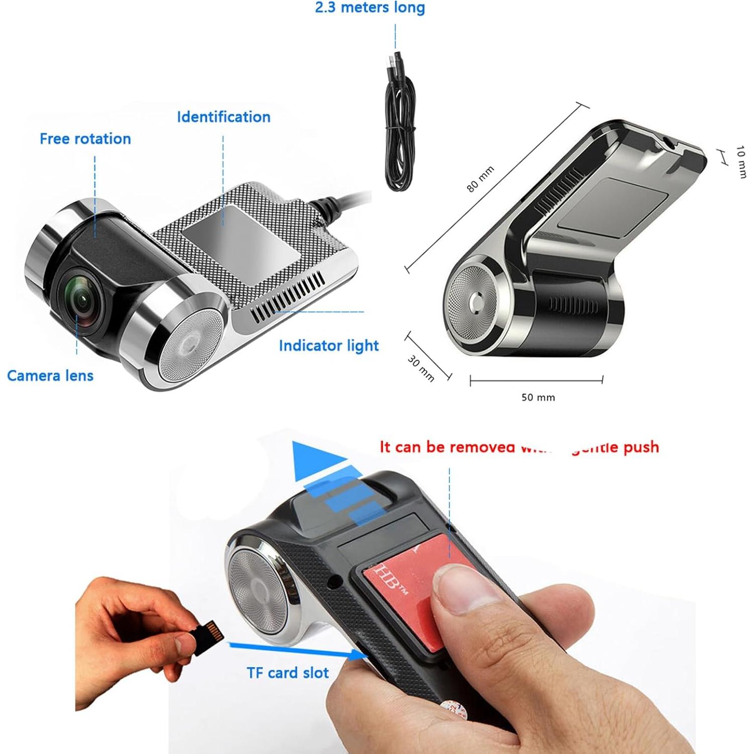 UNITOPSCI USB Car DVR Camera Video Recorder, USB Dash Cam, WDR Full HD Dash Camera Car Driving Recorder with 64GB Micro SD Card, 170° Wide Angle, Loop Recording Night Vision ADAS 24Hours Monitor