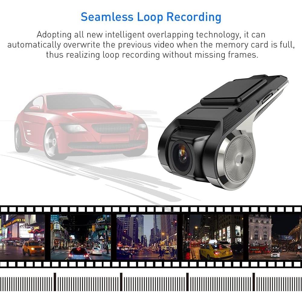 UNITOPSCI USB Car DVR Camera Video Recorder, USB Dash Cam, WDR Full HD Dash Camera Car Driving Recorder with 64GB Micro SD Card, 170° Wide Angle, Loop Recording Night Vision ADAS 24Hours Monitor