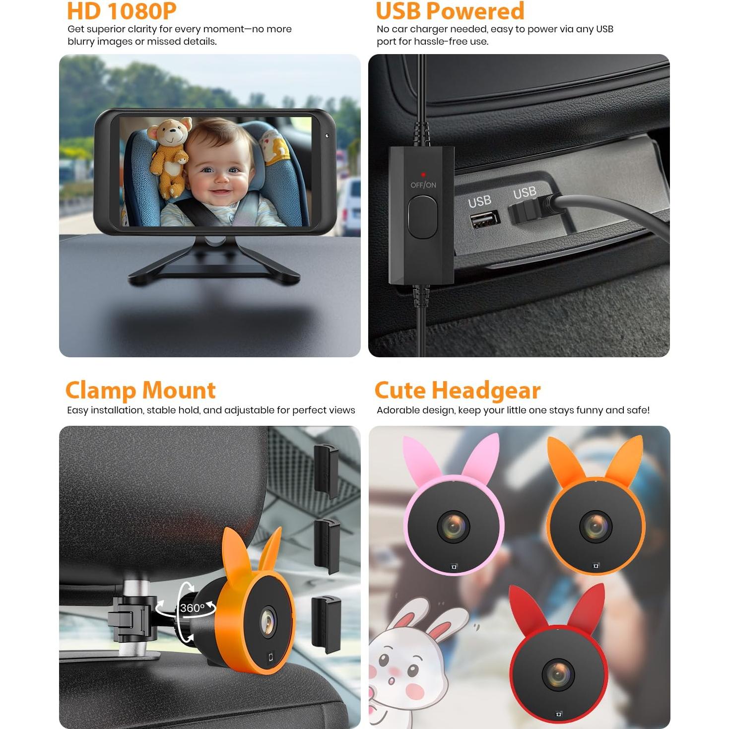 Cámara de Auto para Bebés BV2 Naranja 1080P USB 4.5"