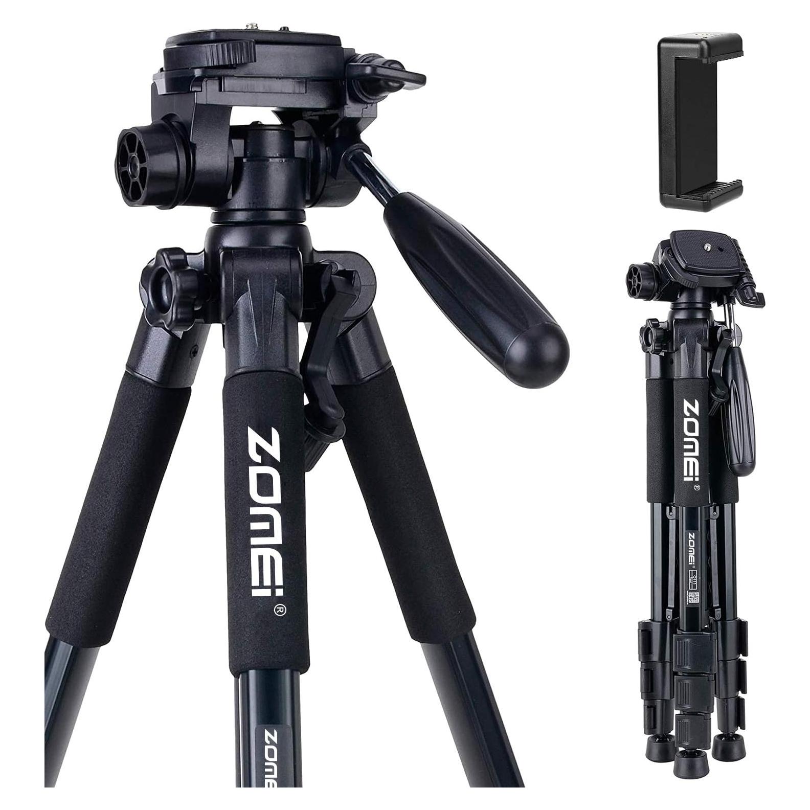 Camera Tripod 55-inch Q111 with Phone Holder,Cell Phone Tripod Stand Protable Lightweight for Canon Nikon Sony DSLR Projector Webcam Spotting Scopes Gopro and Smartphones Live(Black)