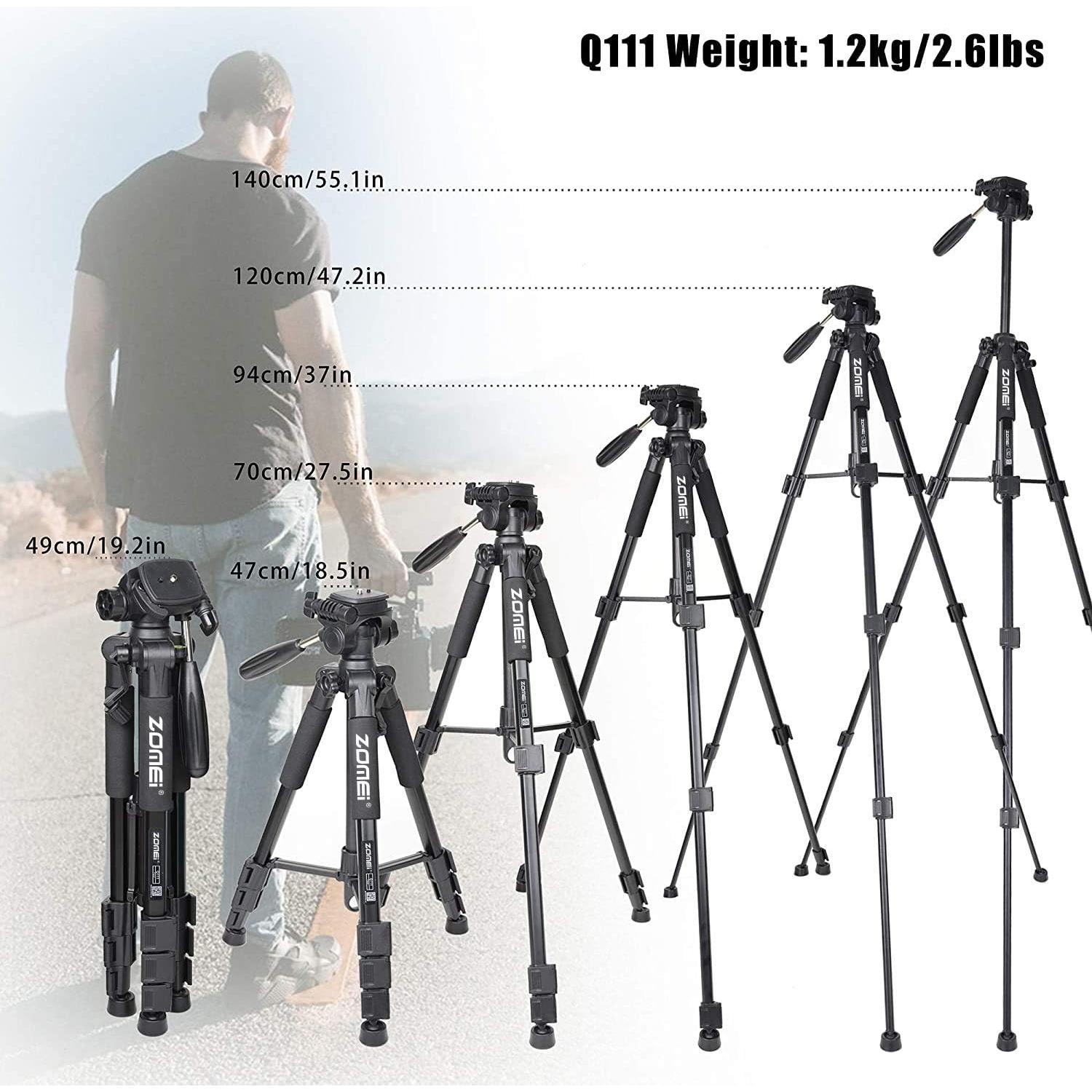 Camera Tripod 55-inch Q111 with Phone Holder,Cell Phone Tripod Stand Protable Lightweight for Canon Nikon Sony DSLR Projector Webcam Spotting Scopes Gopro and Smartphones Live(Black)
