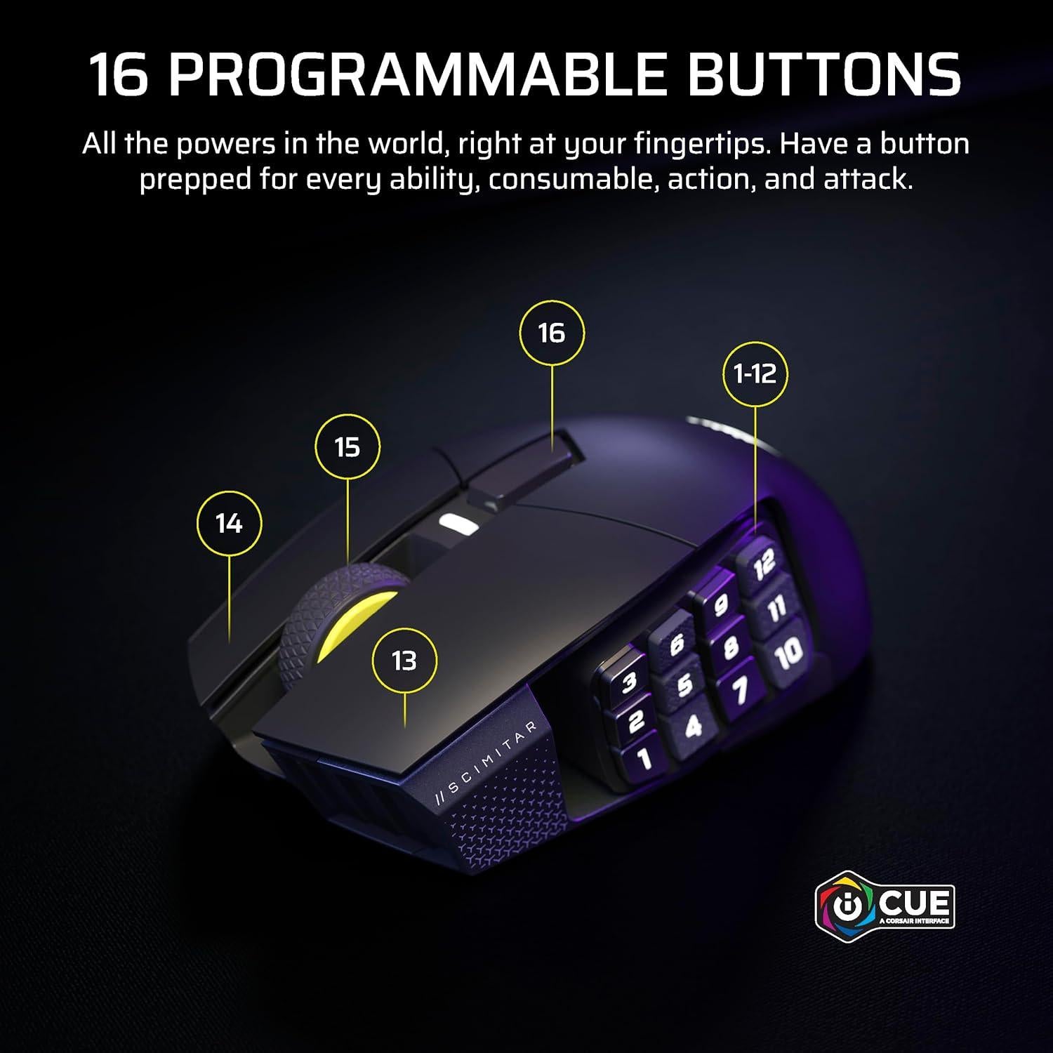 Corsair Scimitar Elite Wireless SE MMO Gaming Mouse – 33,000 DPI, 16 Programmable Buttons, Adjustable Key Slider, Elgato Stream Deck Integration, 1,000Hz Polling, Up to 150hrs Battery – Gunmetal