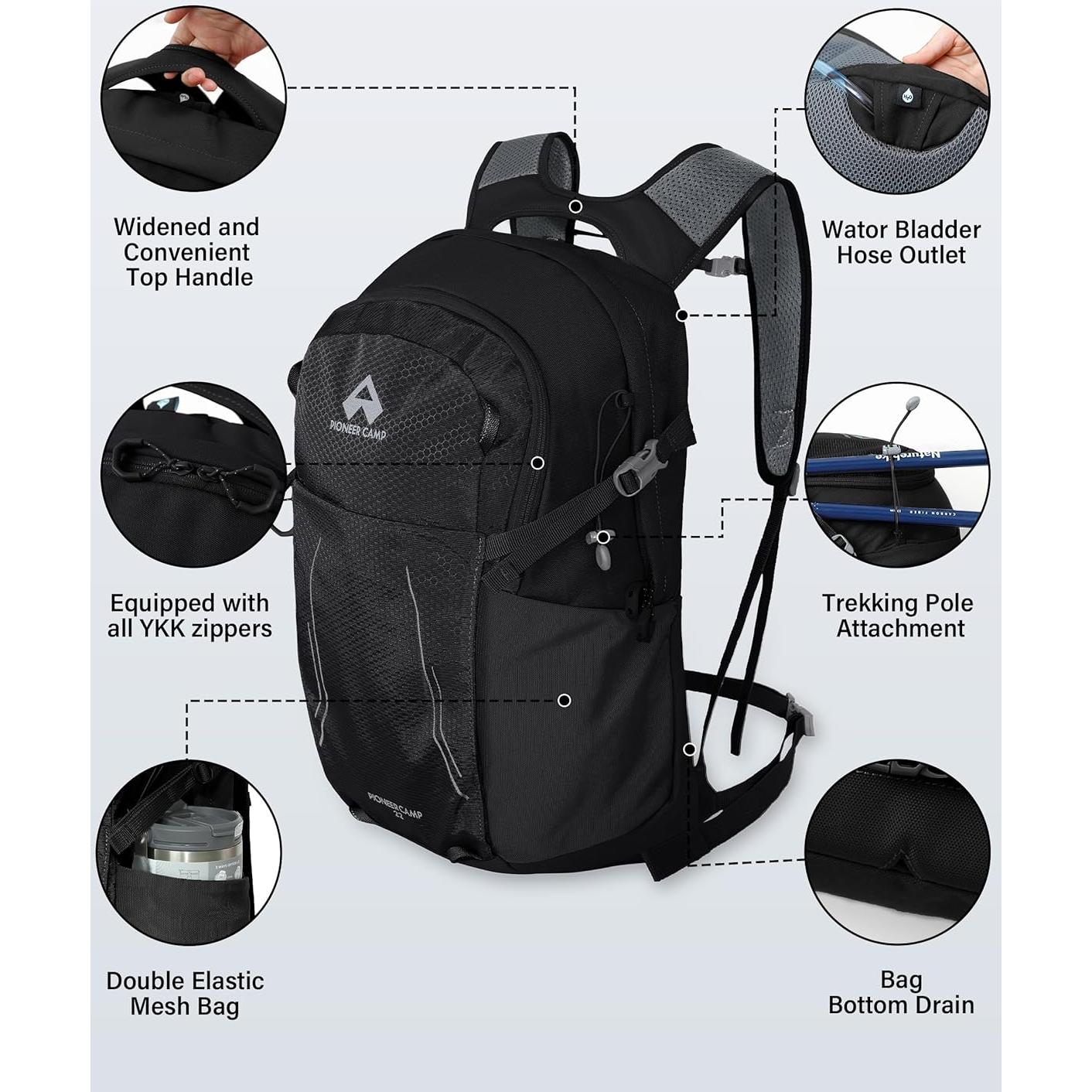 Mochila de Senderismo Pioneer Camp 22L Negra Ligera y Ergonómica