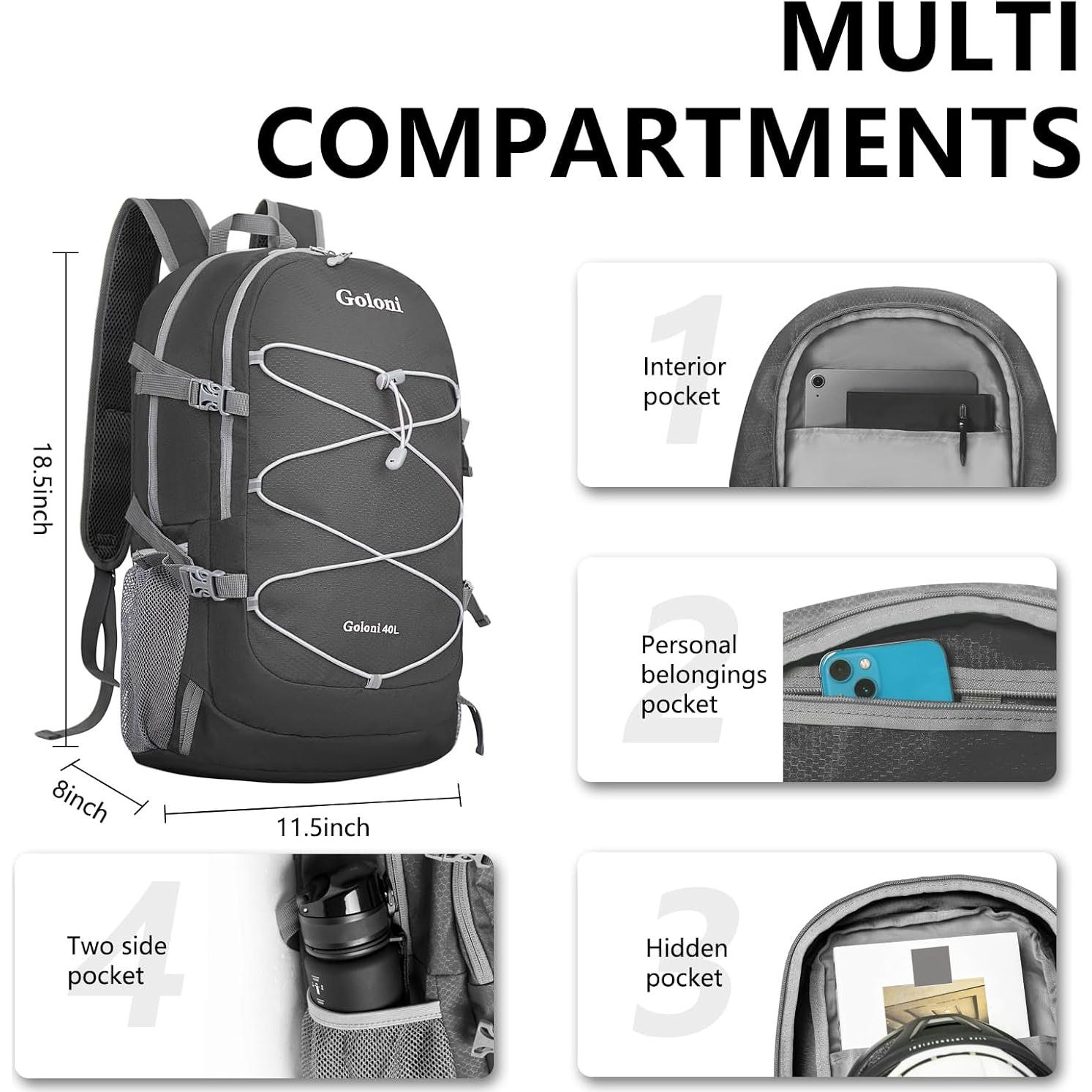 Mochila Plegable 40L Goloni Gris Oscuro Resistente al Agua