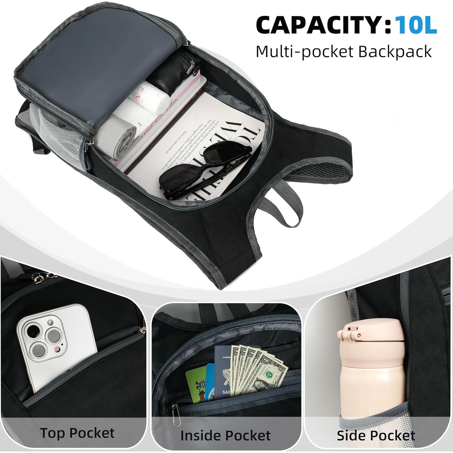 Mochila de Viaje Plegable XGUNION 10L Ligera Negra