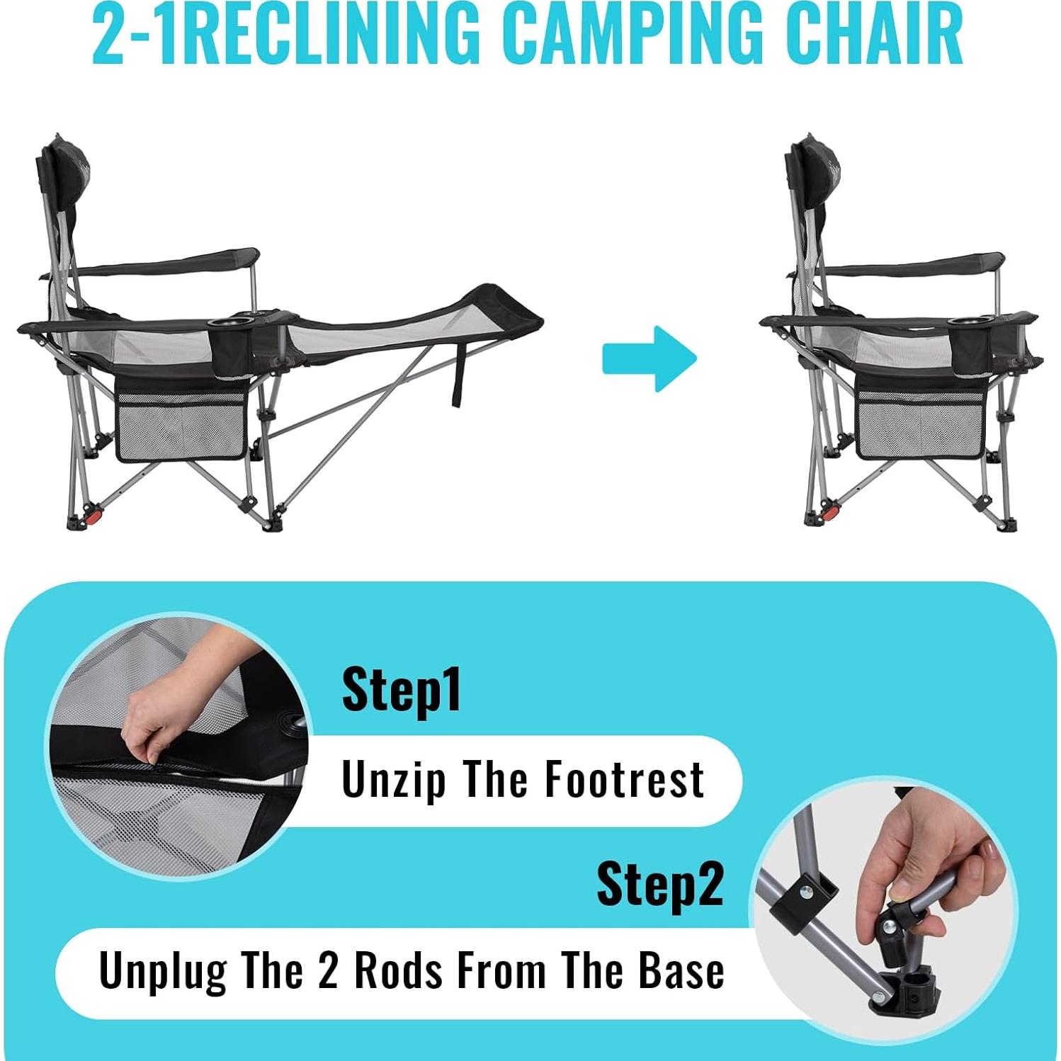 Silla de Camping Reclinable WEJOY 2-en-1 con Reposapiés
