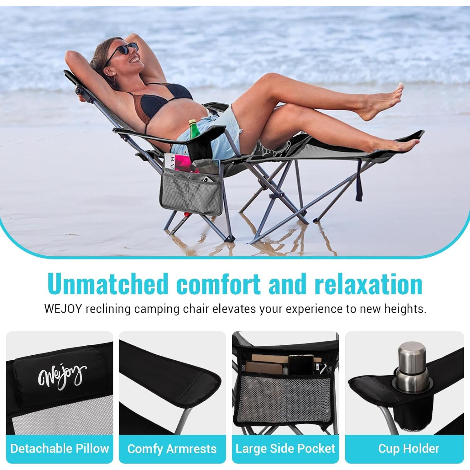 Silla de Camping Reclinable WEJOY 2-en-1 con Reposapiés