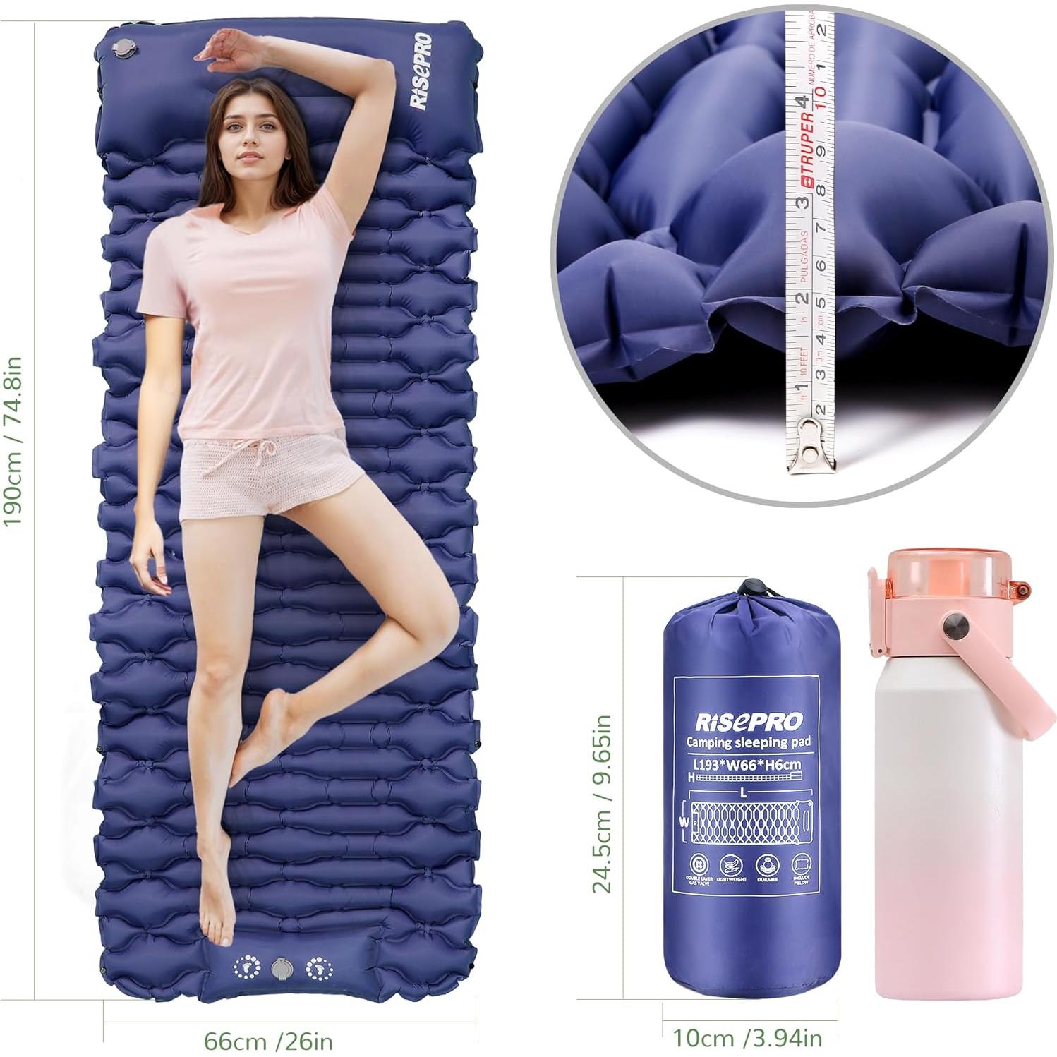 Camping Sleeping Pad Air Mattress - Inflatable Ultralight Ergonomic Design Compact Airpad Backpacking Hiking Outdoor Activities Navy Blue