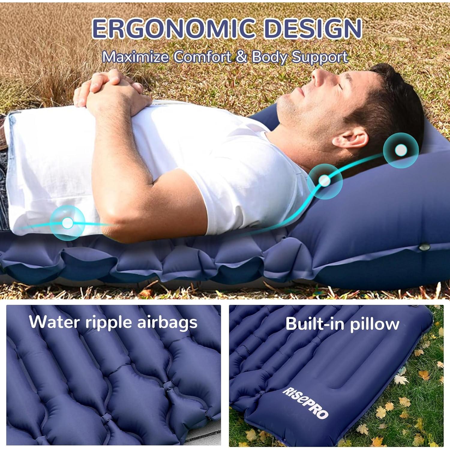 Camping Sleeping Pad Air Mattress - Inflatable Ultralight Ergonomic Design Compact Airpad Backpacking Hiking Outdoor Activities Navy Blue