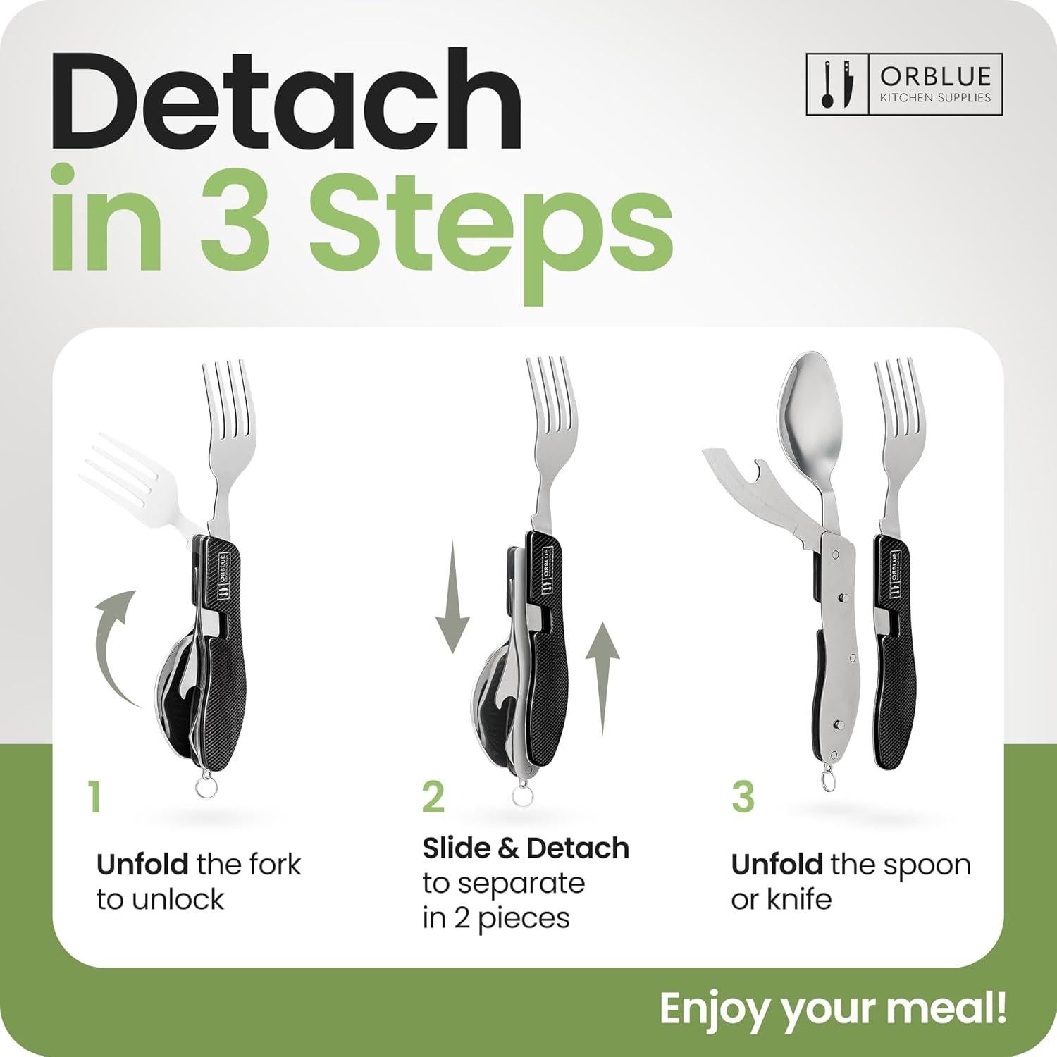 Utensilios de Camping 4-en-1 Orblue, Acero Inoxidable, Negro