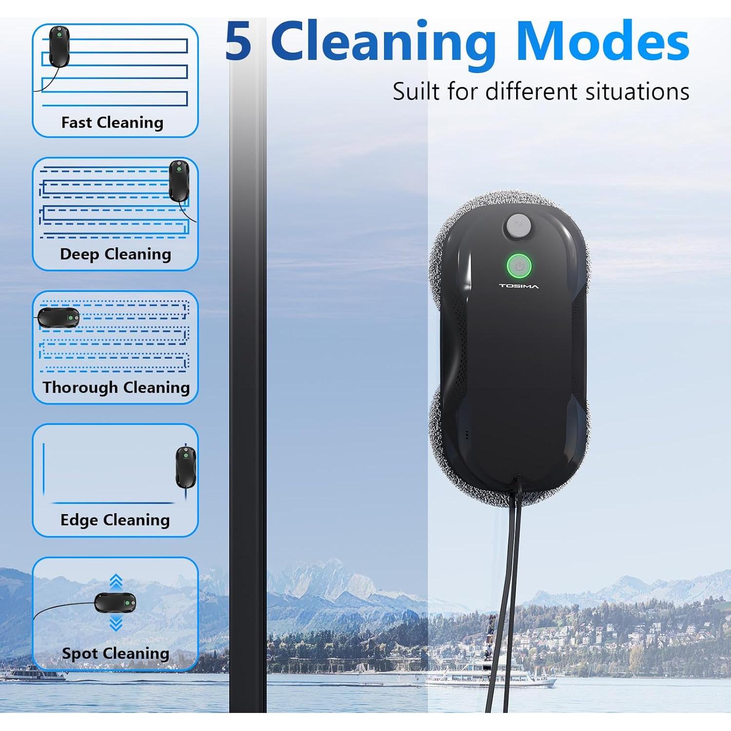 Tosima W5 Window Cleaning Robot, Dual Direction Auto-Spray Smart Window Cleaner with Triple Safety System, Smart Navigation, Remote Control, for All Smooth Surfaces, with 8 Rags, Black