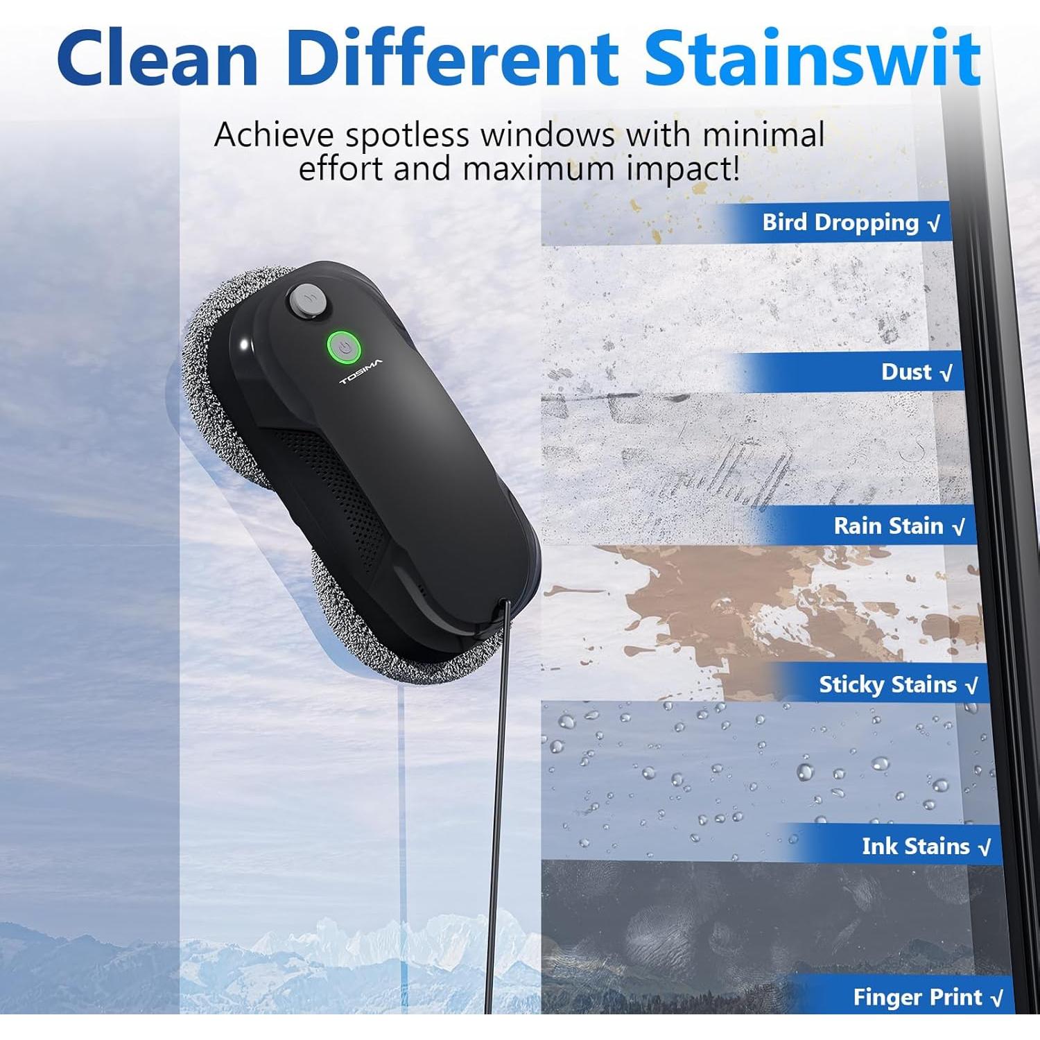 Tosima W5 Window Cleaning Robot, Dual Direction Auto-Spray Smart Window Cleaner with Triple Safety System, Smart Navigation, Remote Control, for All Smooth Surfaces, with 8 Rags, Black