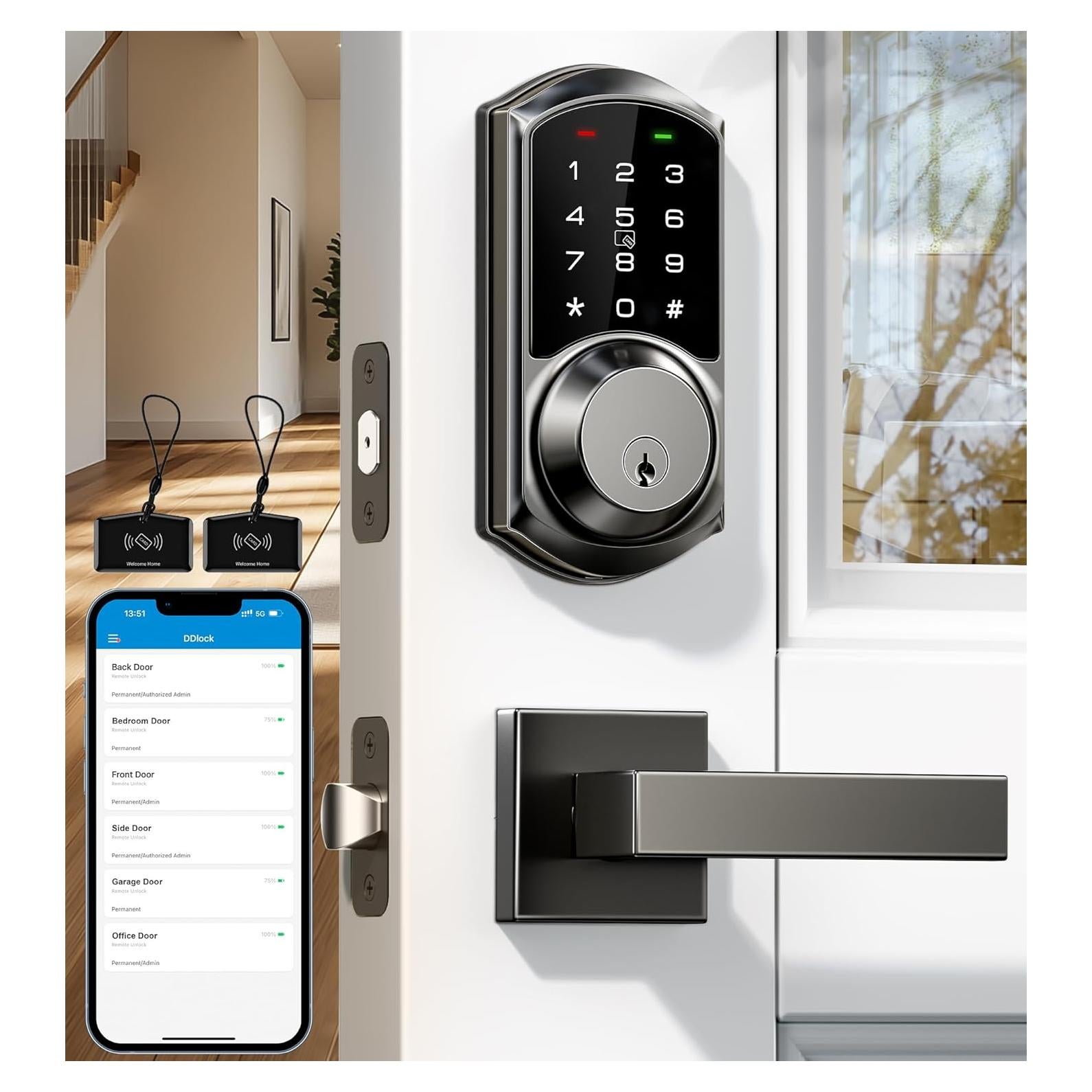Cerradura Inteligente Veise VE06-L con Manijas, Control App, Negro Mate