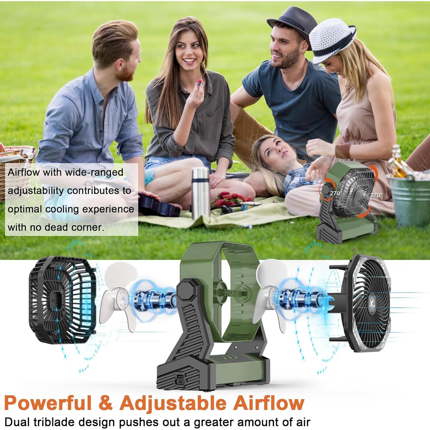 Ventilador de Camping KITWLEMEN 20000mAh Recargable Verde